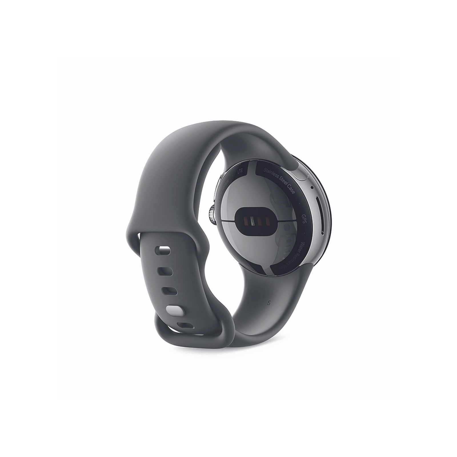 GOOGLE Pixel Watch WiFi, silbernes Edelstahlgehäuse mit Charcoal Active Armband Smartwatch (Herzfrequenzmessung, grau)