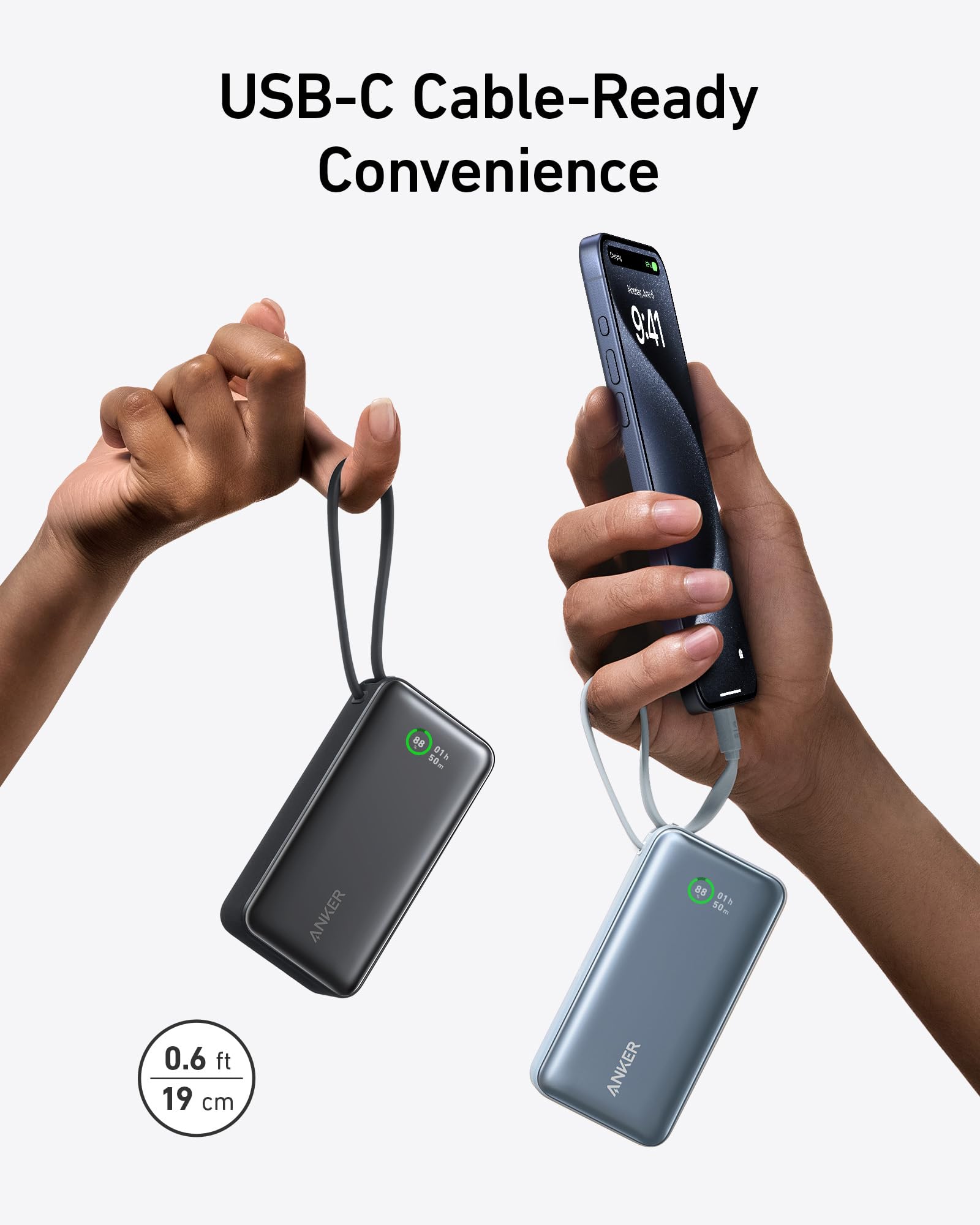 Anker Nano Powerbank (10K, 45W, Integriertes einziehbares USB-C Kabel)