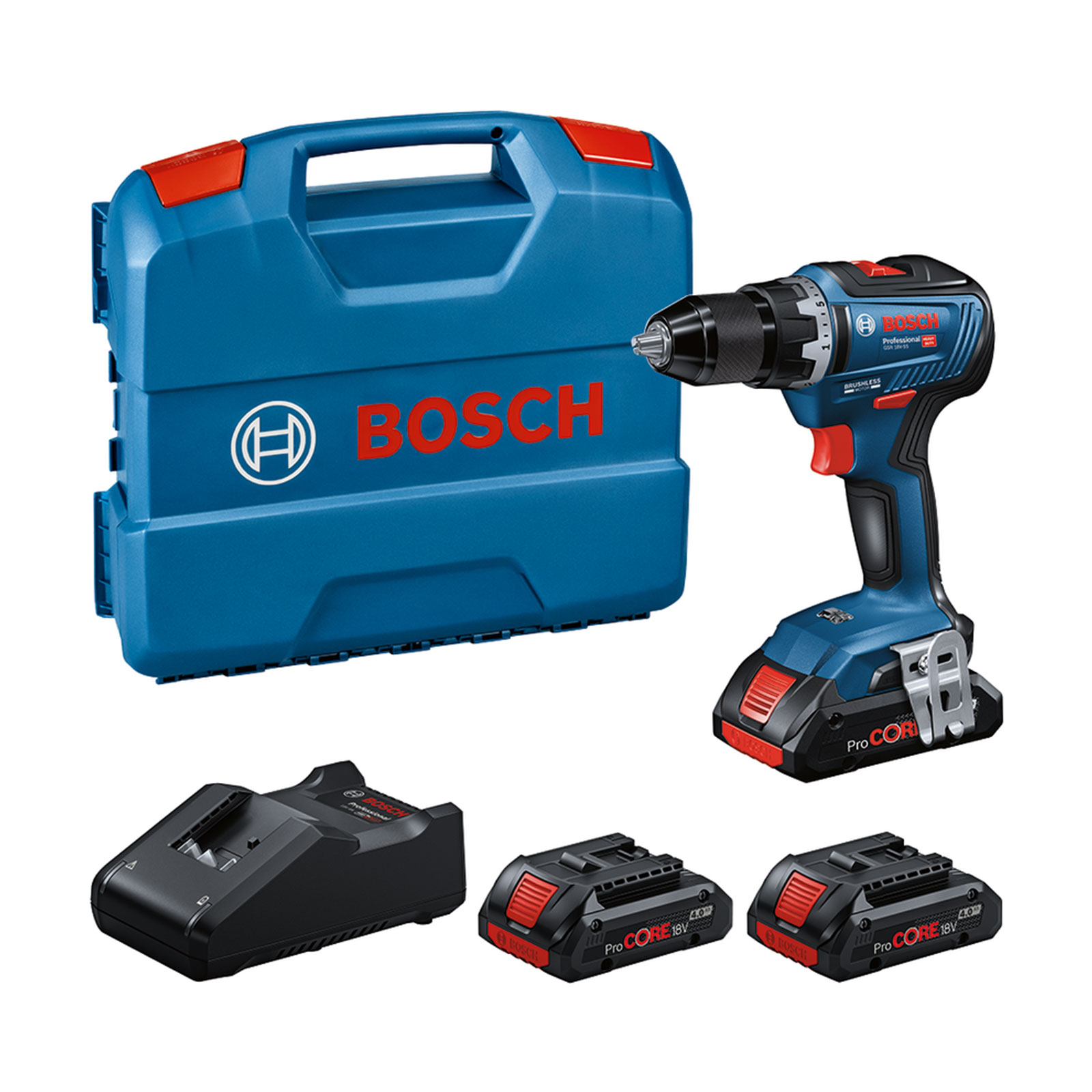 Bosch Professional Akku-Bohrschrauber GSR 18V-55 + 3 x ProCORE18V 4.0Ah + GAL 18V-40 in L-Case