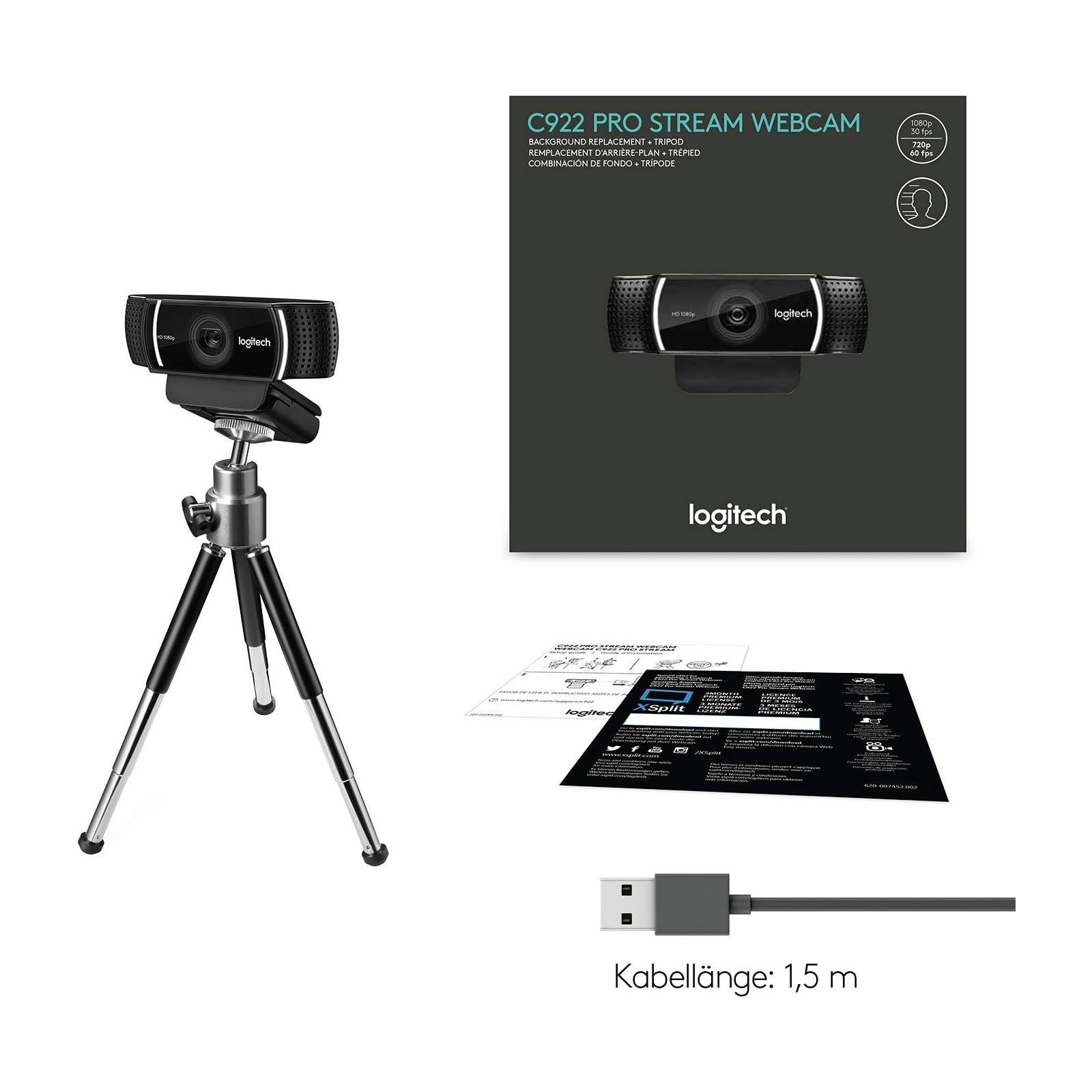 Logitech C922 Pro Stream Webcam Full HD 1920 x 1080 30f/s Zwei Mikrofone USB