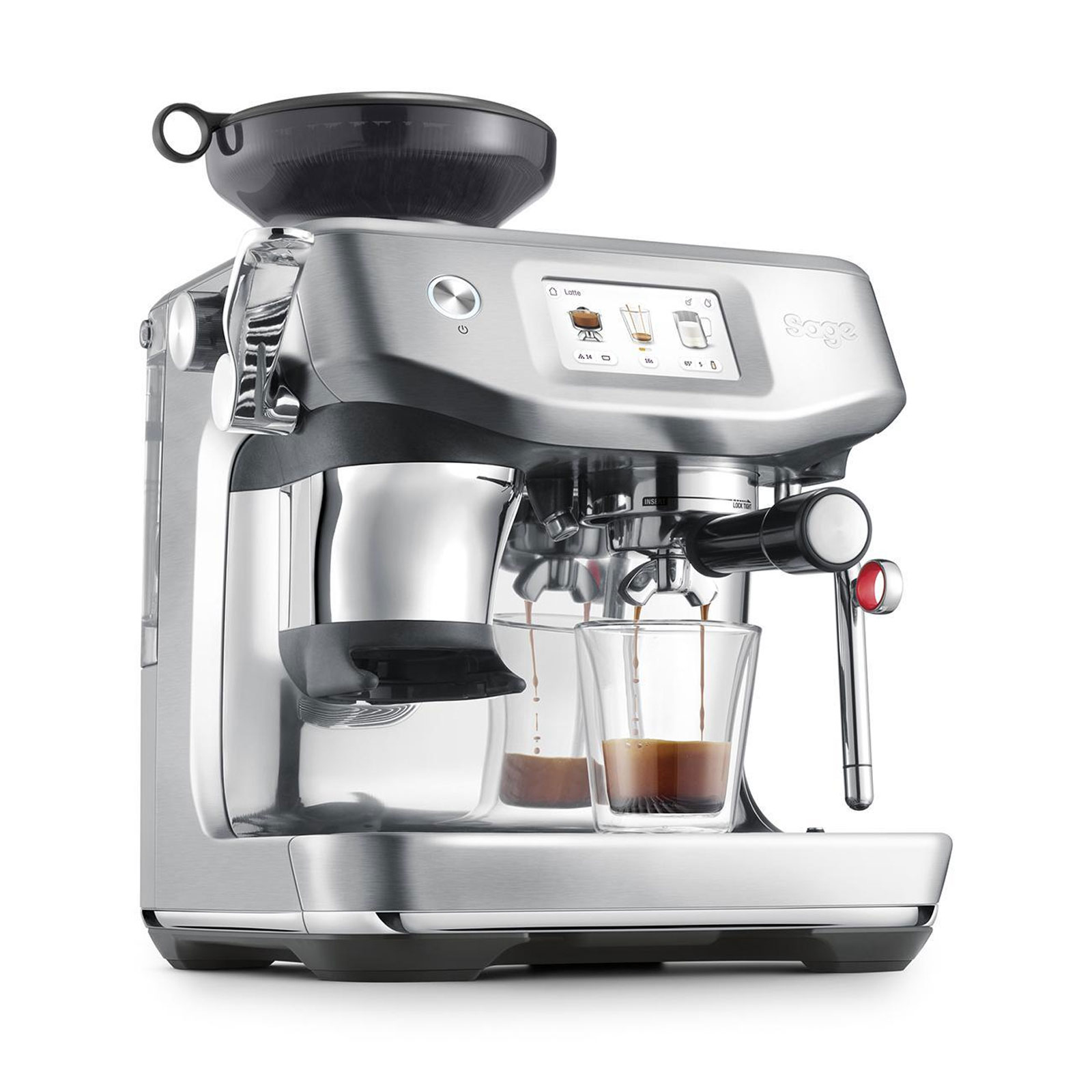 Sage SES882BSS Siebträger-Espressomaschine (ThermoJet®, 3 Sekunden Aufheizzeit, integriertes Mahlwerk, Auto MilQ™, Cold Brew, Touchscreen)