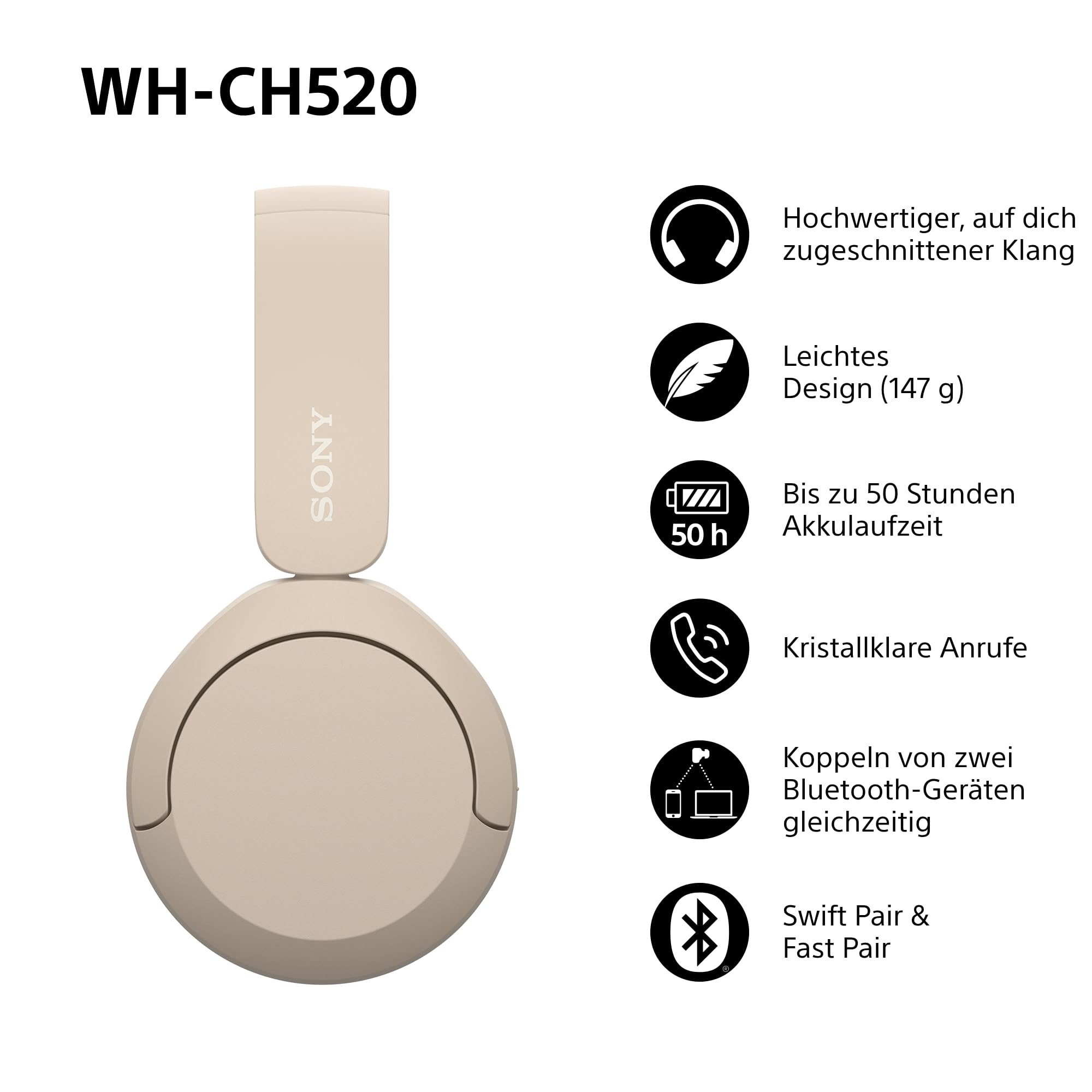 Sony WH-CH520 Kabelloser Bluetooth On-Ear-Kopfhörer