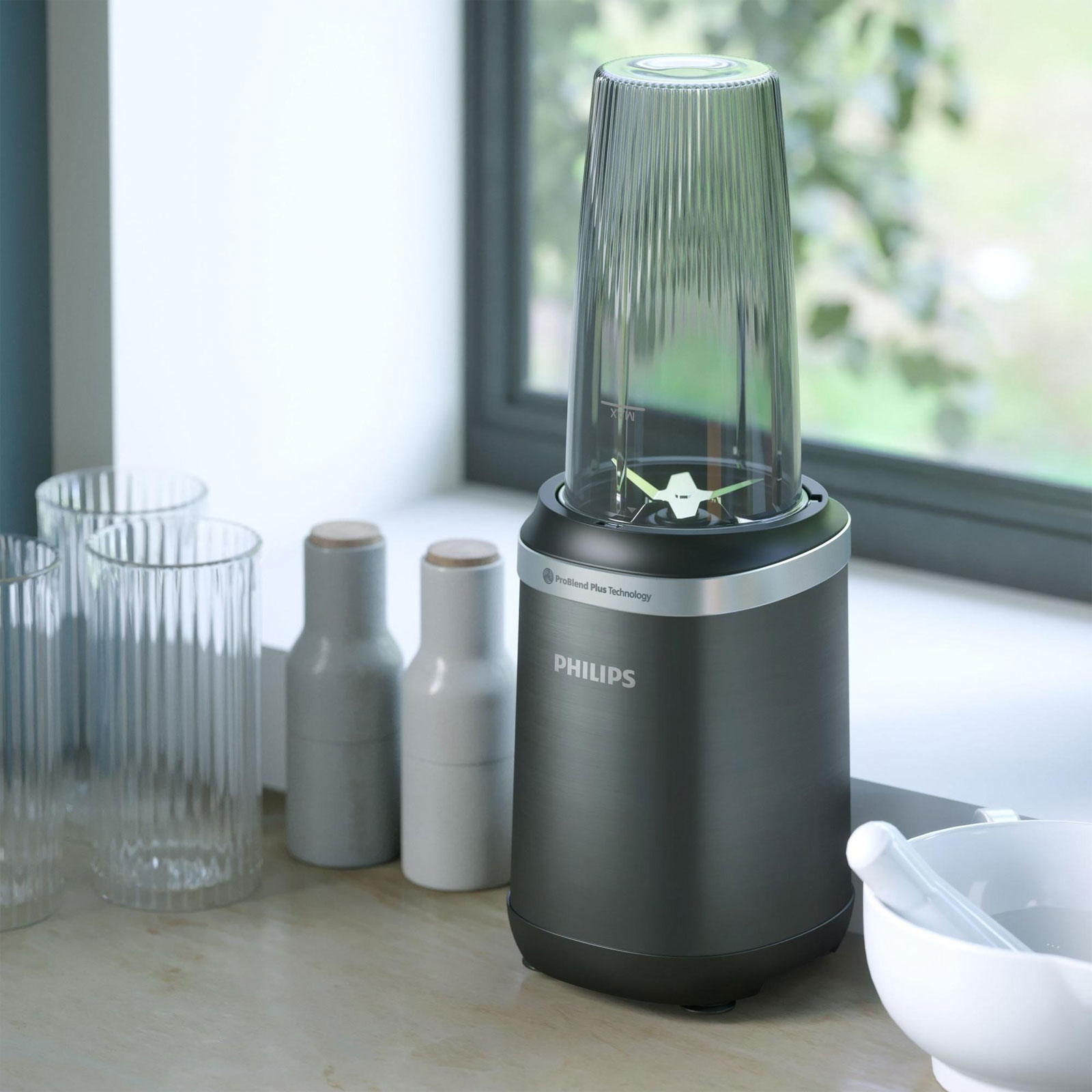 Philips Standmixer 5000 Series HR2767/00 Personal Blender (1.000 Watt, ProBlend Plus-Technologie, 700 ml und 500ml Becher mit auslaufsicheren Deckeln, 300ml Becher, spülmaschinenfeste Teile, abnehmbare Messe)