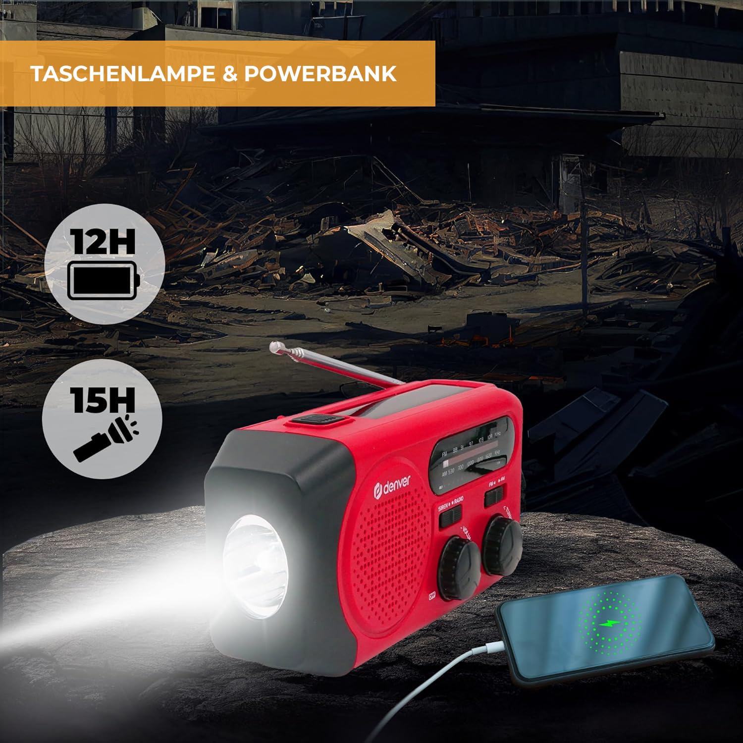 Denver SCR-2010MK2 Kurbelradio Notfallradio Solar – AM/FM Weltempfänger