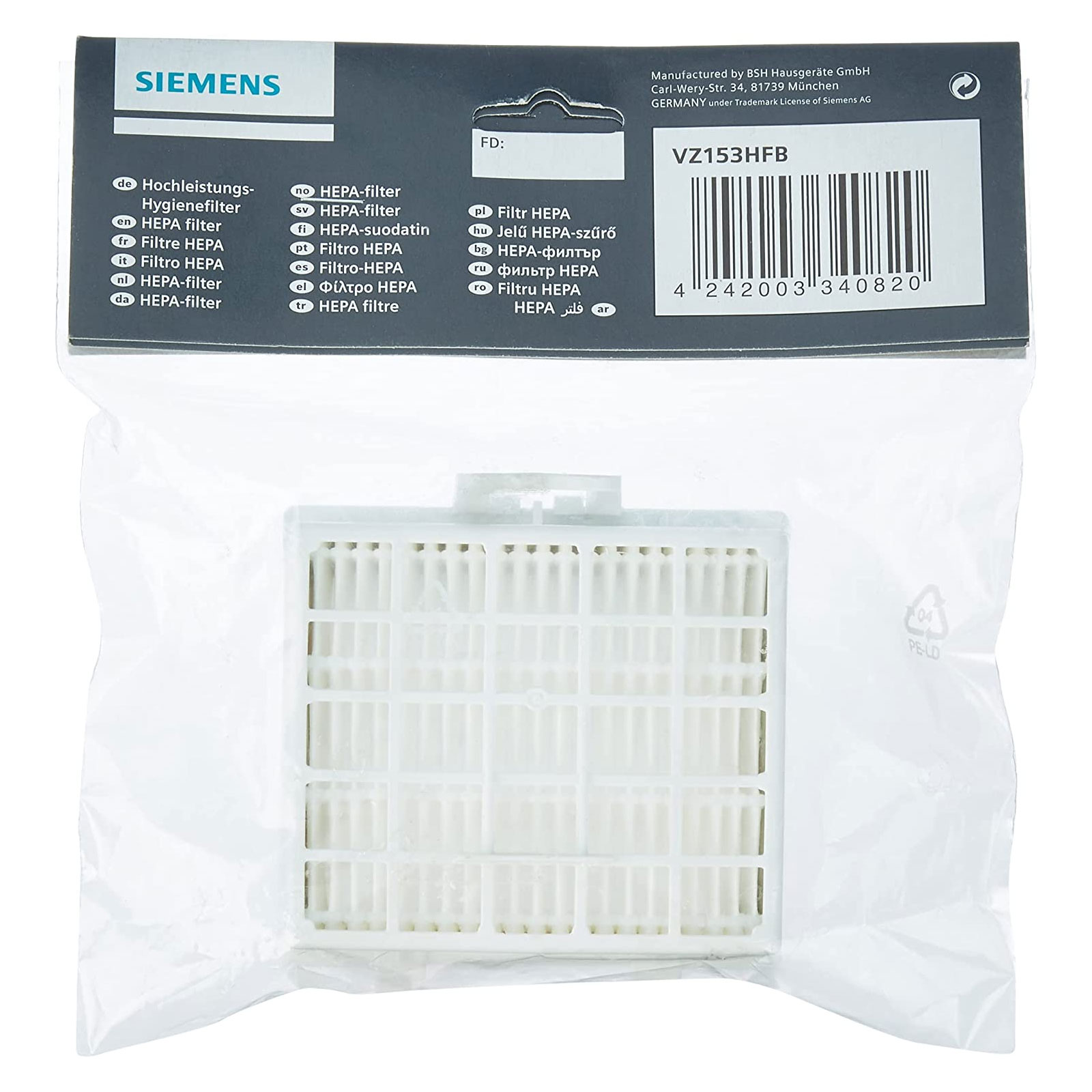 SIEMENS VZ153HFB HEPA Hygienefilter (für VS06, Z3,Z4alt / BSG6,GL34)