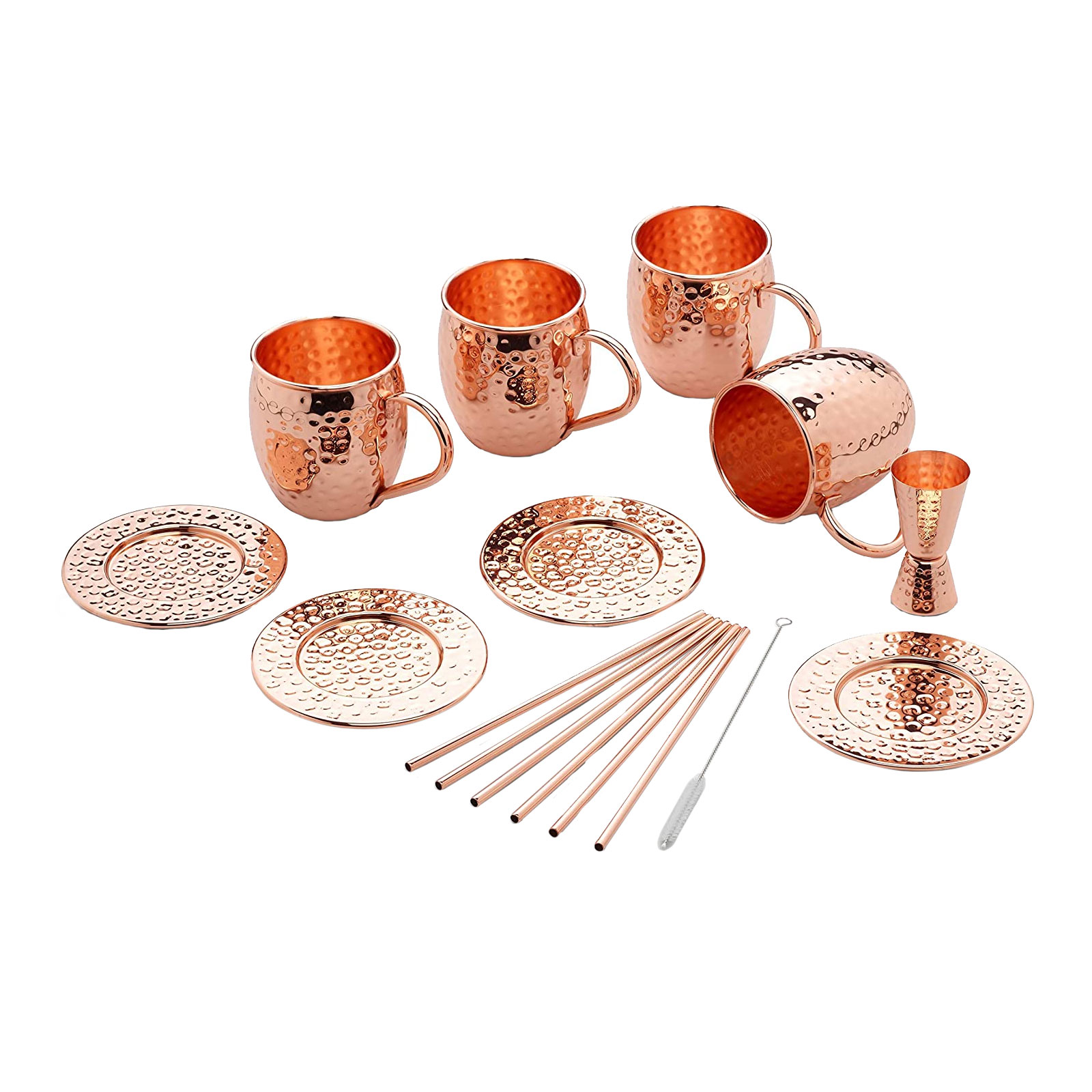 ECHTWERK Aperol Mule Kupferbecher 13er Set gefertigt aus Edelstahl im Hammerschlag-Look bestehend aus 4x Kupferbecher 500ml, 4x Untersetzer, 4x Strohhalm und 1x Messbecher 2cl/4cl