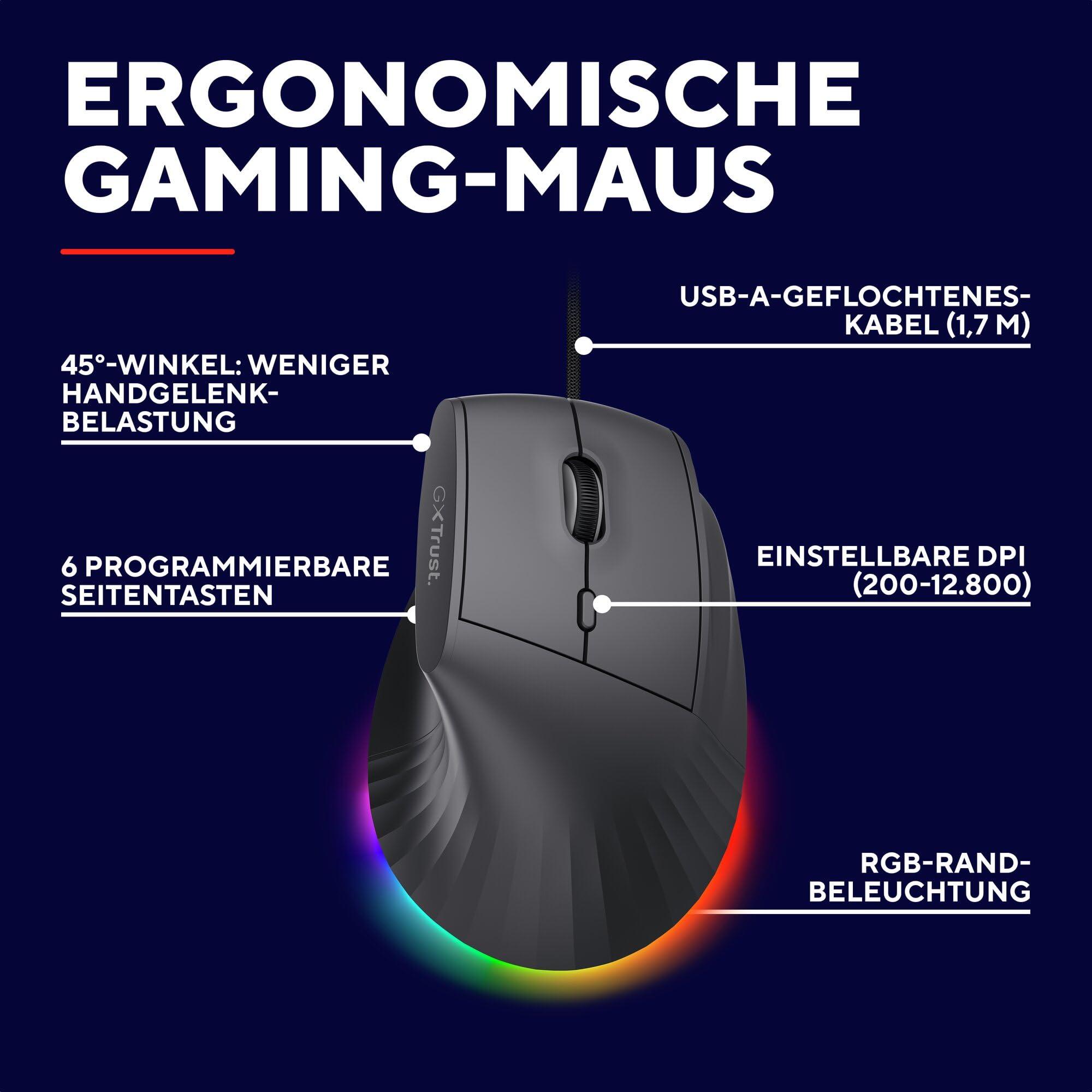 GXTrust 145 Rexxa Vertikale Gaming Maus mit Programmierbaren Tasten