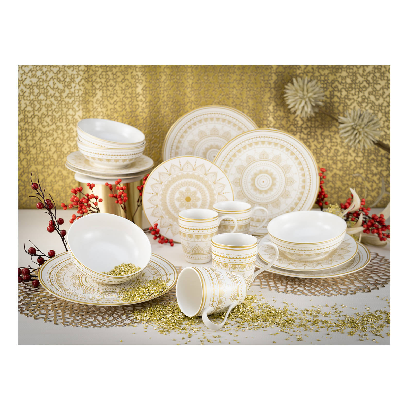 Creatable 23596, Serie MANDALA GOLD - weiss, Geschirrset, Kombiservice 16 teilig