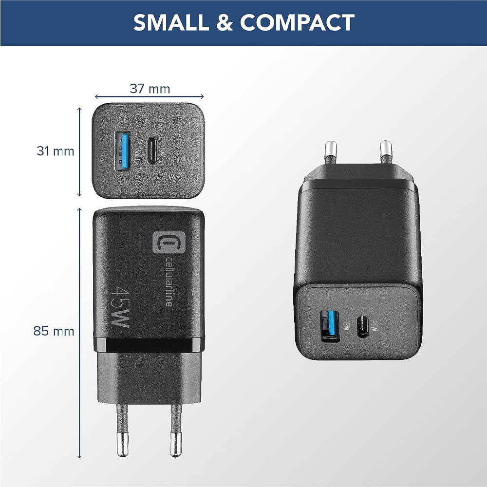 CellularLine USB Charger Multipower Micro 45W GaN 2 Ports PD Black (60001) Ladegerät (USB-A + USB-C)