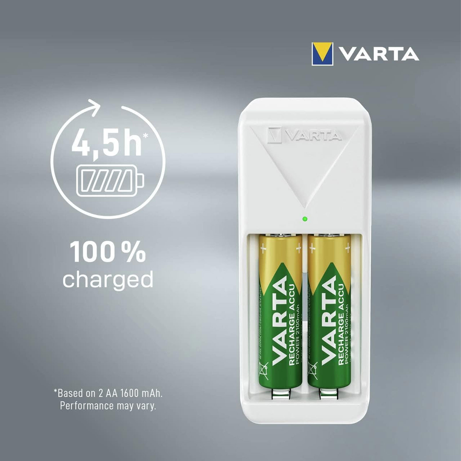 VARTA Ladegerät Mini Charger 2x AA 56706 2100mAh (4,5 h Ladezeit, lädt 2 AA oder AAA Akkus, Ladeanzeige, 2x Recharge Accu Power AA 2100 mAh)