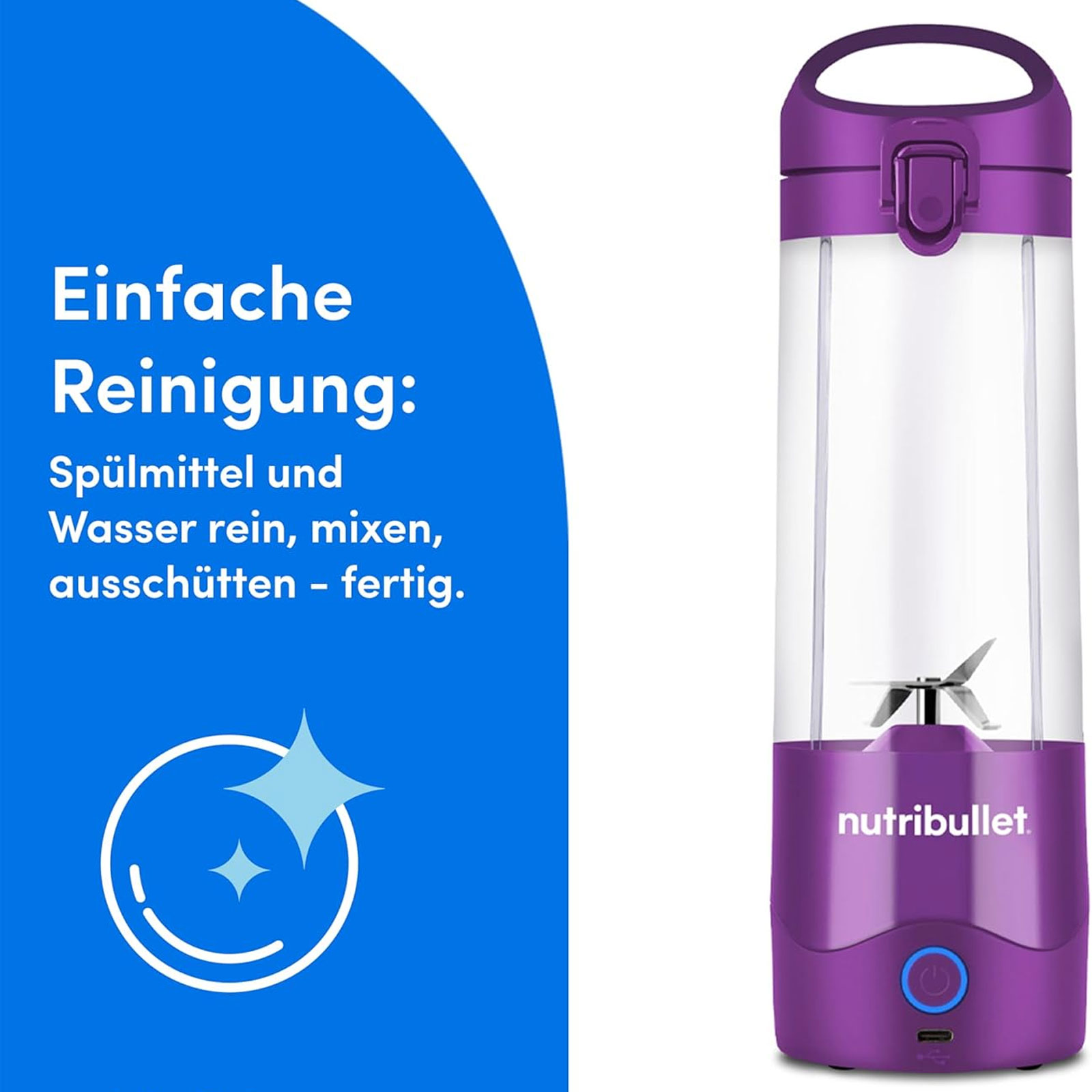 nutribullet NBP003PU Portable Samtlila Standmixer (Akkubetrieb, 0,475 Liter Tritan™ Mixbecher, To Go Deckelaufsatz, 6-Punkt-Edelstahlklinge, Smoothiefunktion, Pulsfunktion, Kunststoff/Edelstahl, Samtlila)