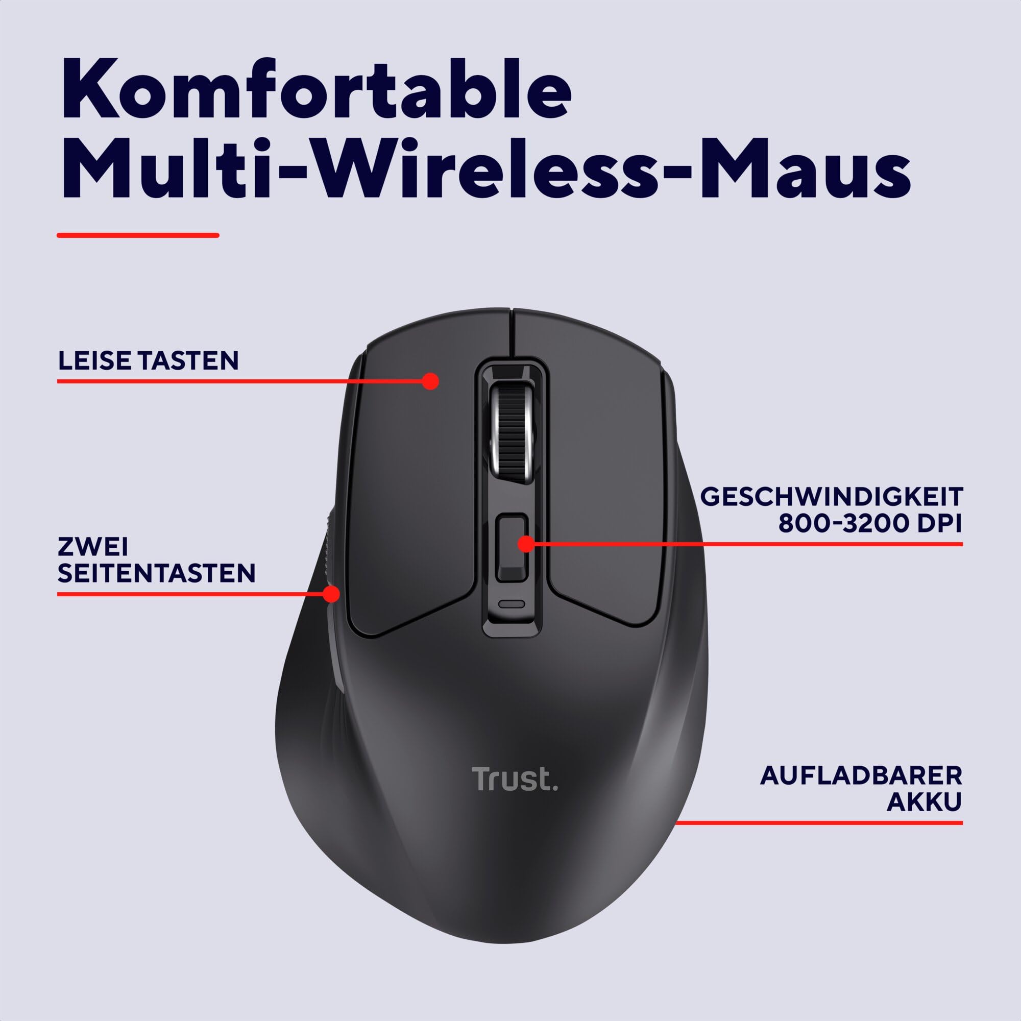 Trust Niven Kabellose Maus Bluetooth + 2.4GHz, Leise Tasten, Mehrgeräte Funkmaus