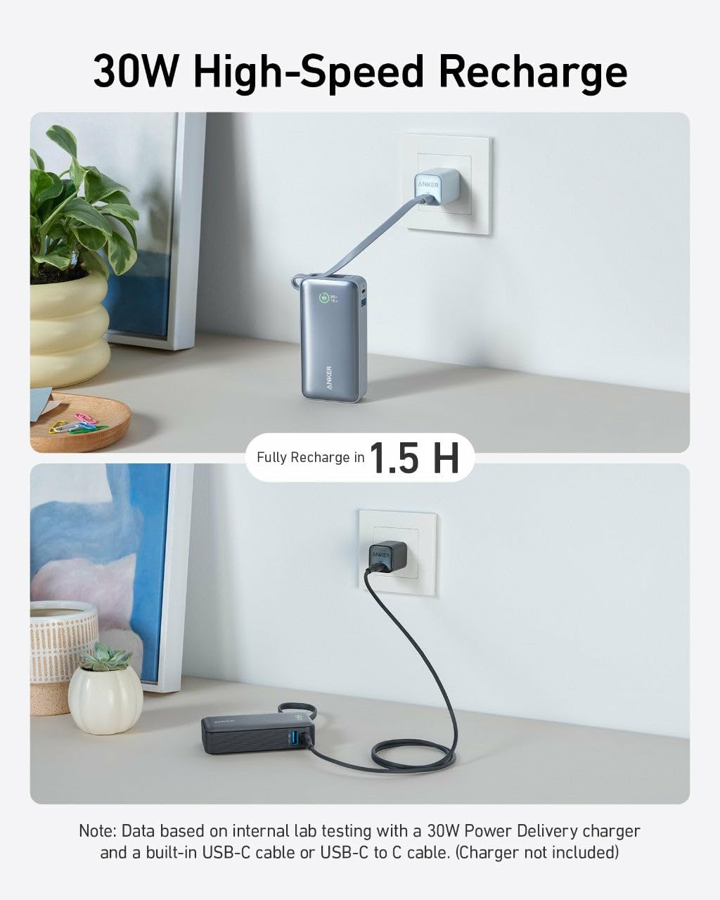Anker Nano Powerbank (10K, 45W, Integriertes einziehbares USB-C Kabel)