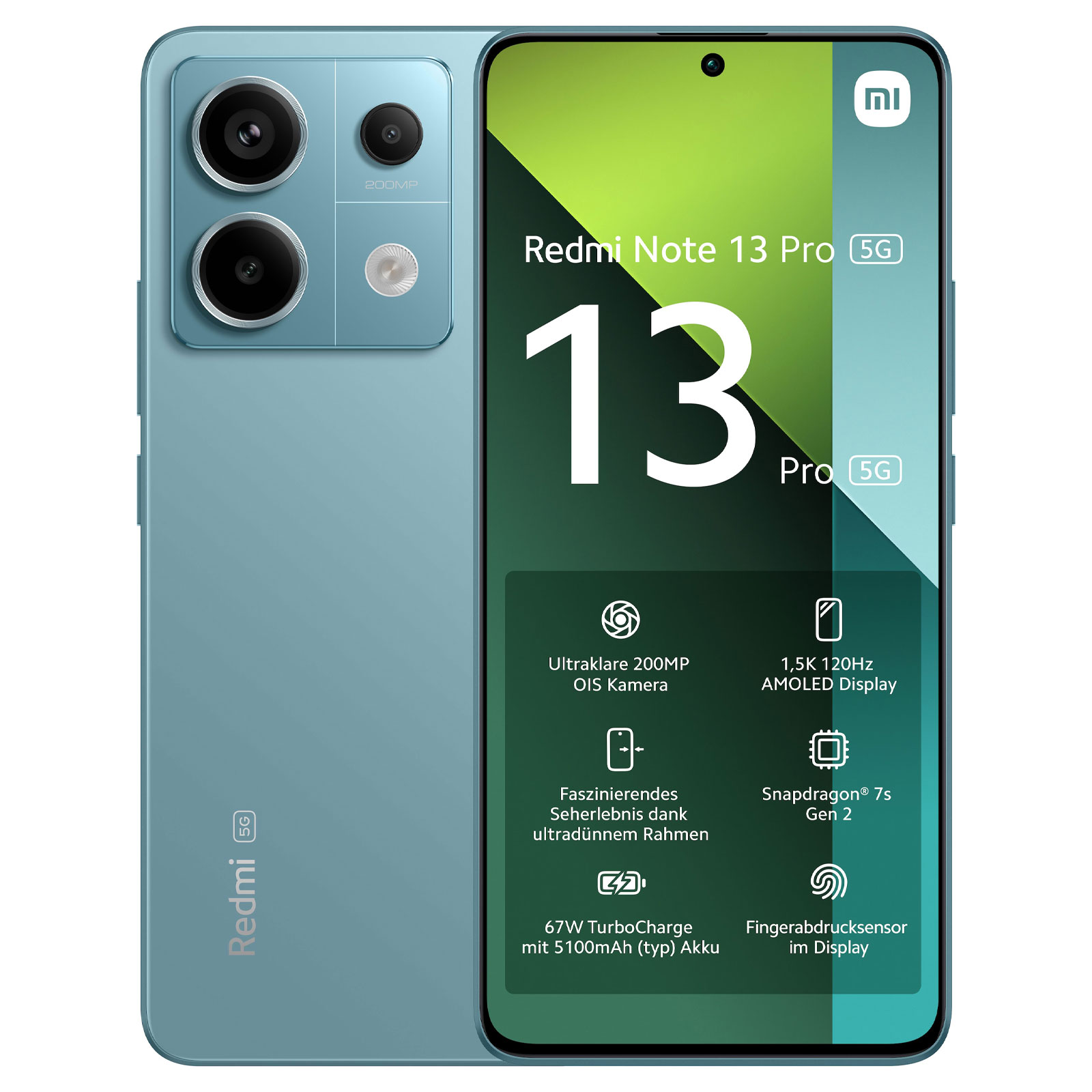 Xiaomi Redmi Note 13 Pro 5G 8GB + 256GB Ocean Teal Smartphone (6,67 Zoll, 200 MP, Triple-Kamera, 5.100-mAh, Octa-Core, Fingerabdrucksensor, Gesichtserkennung)