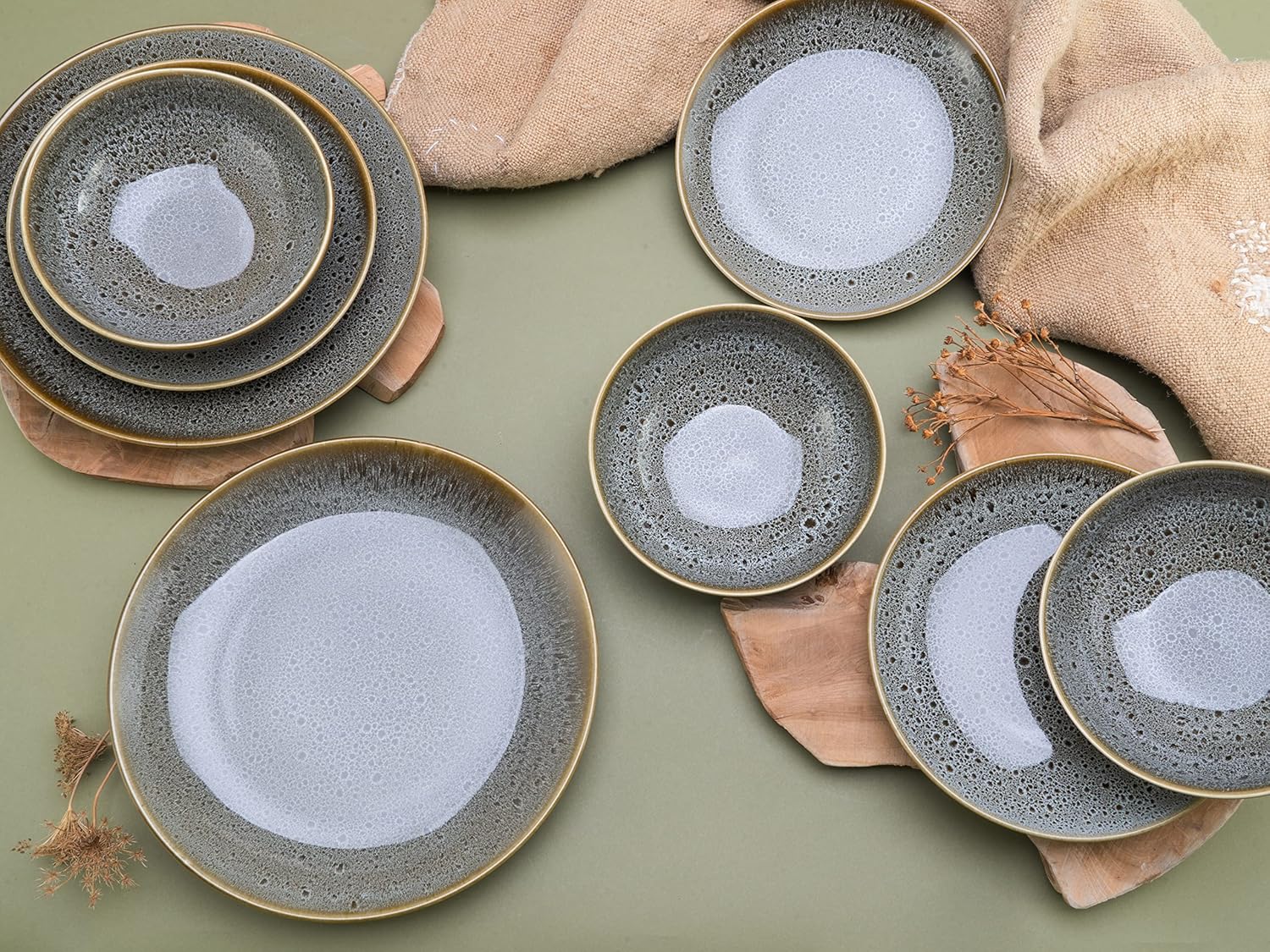 CREATABLE 23678, Serie Reactive Nostalgic (Grau / Cognac), Geschirrset, Teller Set 12 teilig