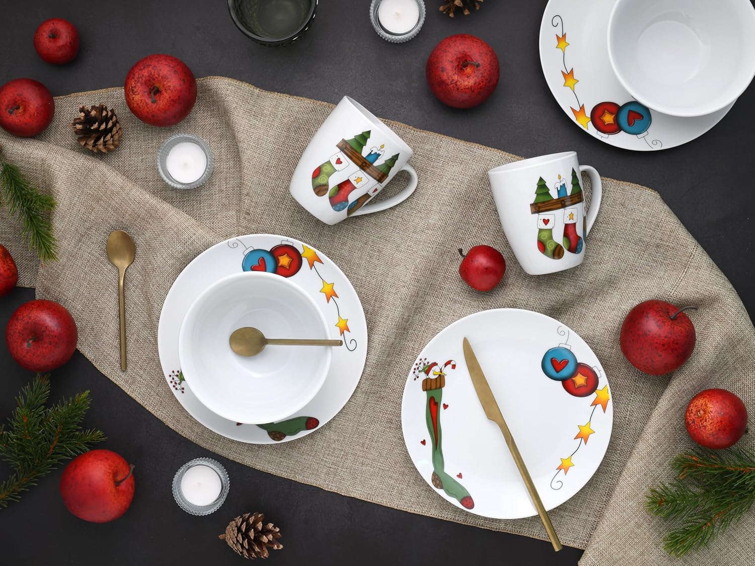 CreaTable, 21848, Serie Luna Socken, 12-teiliges Geschirrset, Brunch Set aus Porzellan,
