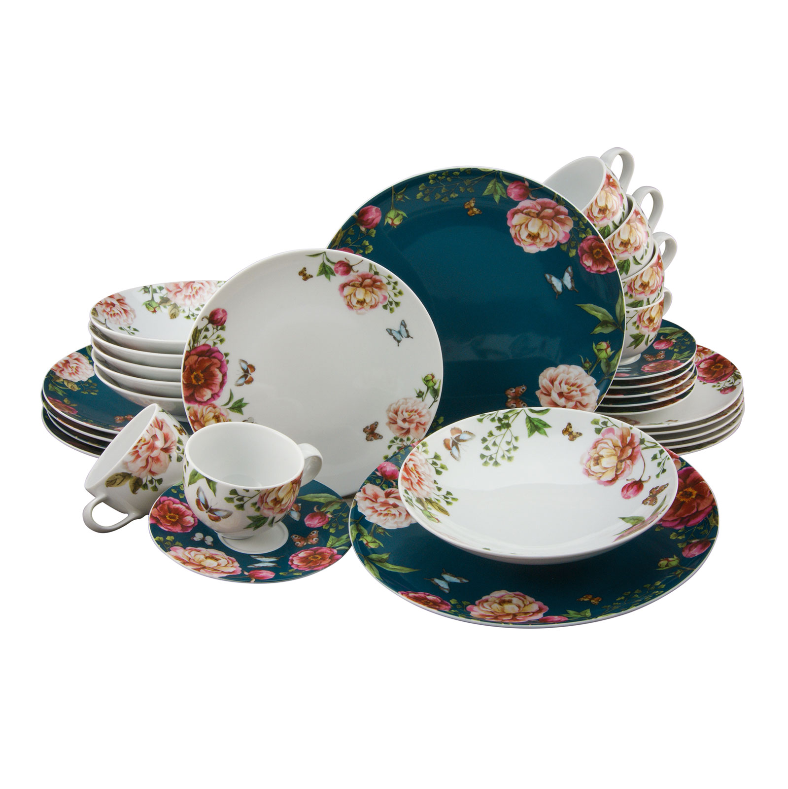 CreaTable, 22221, Serie Enjoy ROSES - Petrol + weiss, Geschirrset, Kombiservice 30 teilig