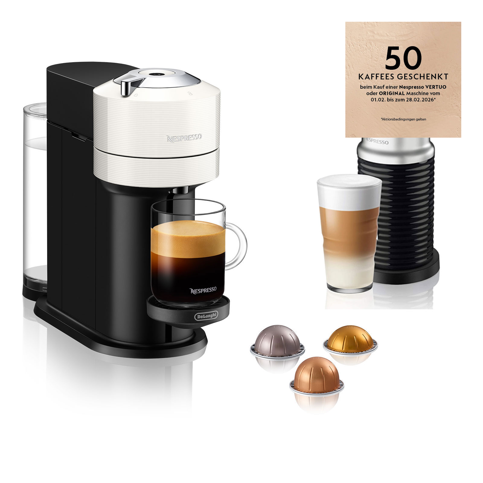 Delonghi ENV120.W VertuoNext Basic + Nespresso Aeroccino 3 Milchaufschäumer