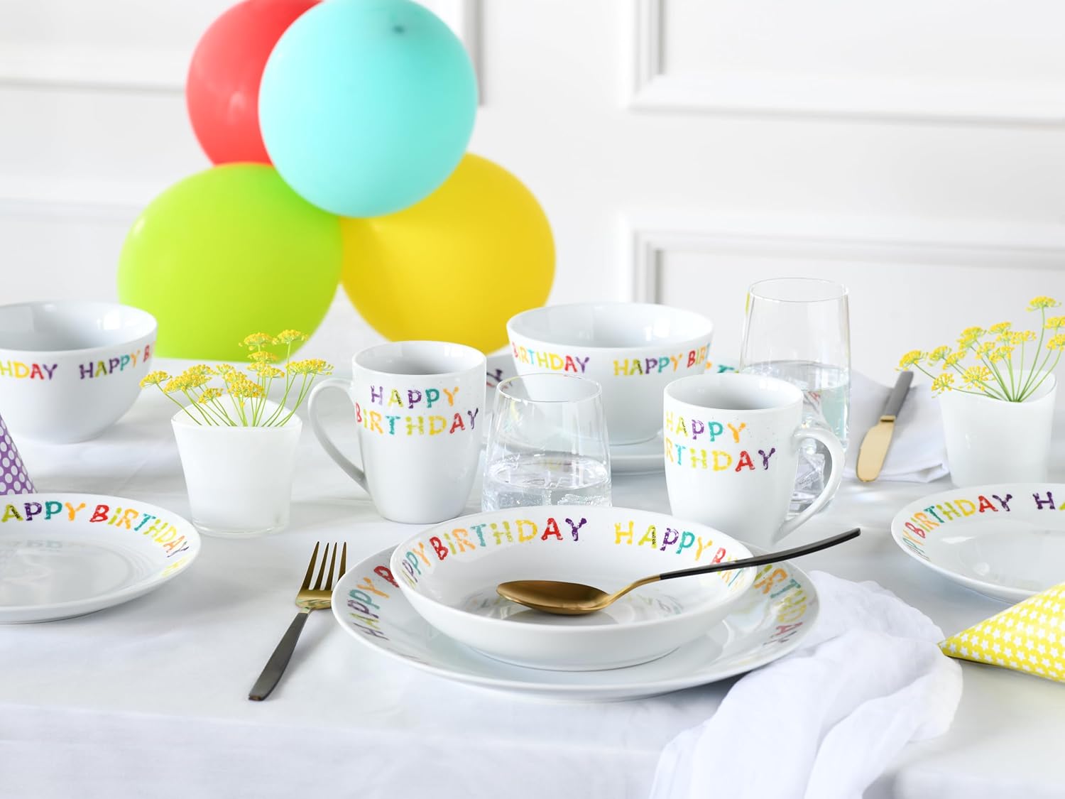 CreaTable, 24169, Serie Happy Birthday, 12-teiliges Geschirrset, Teller Set aus Porzellan