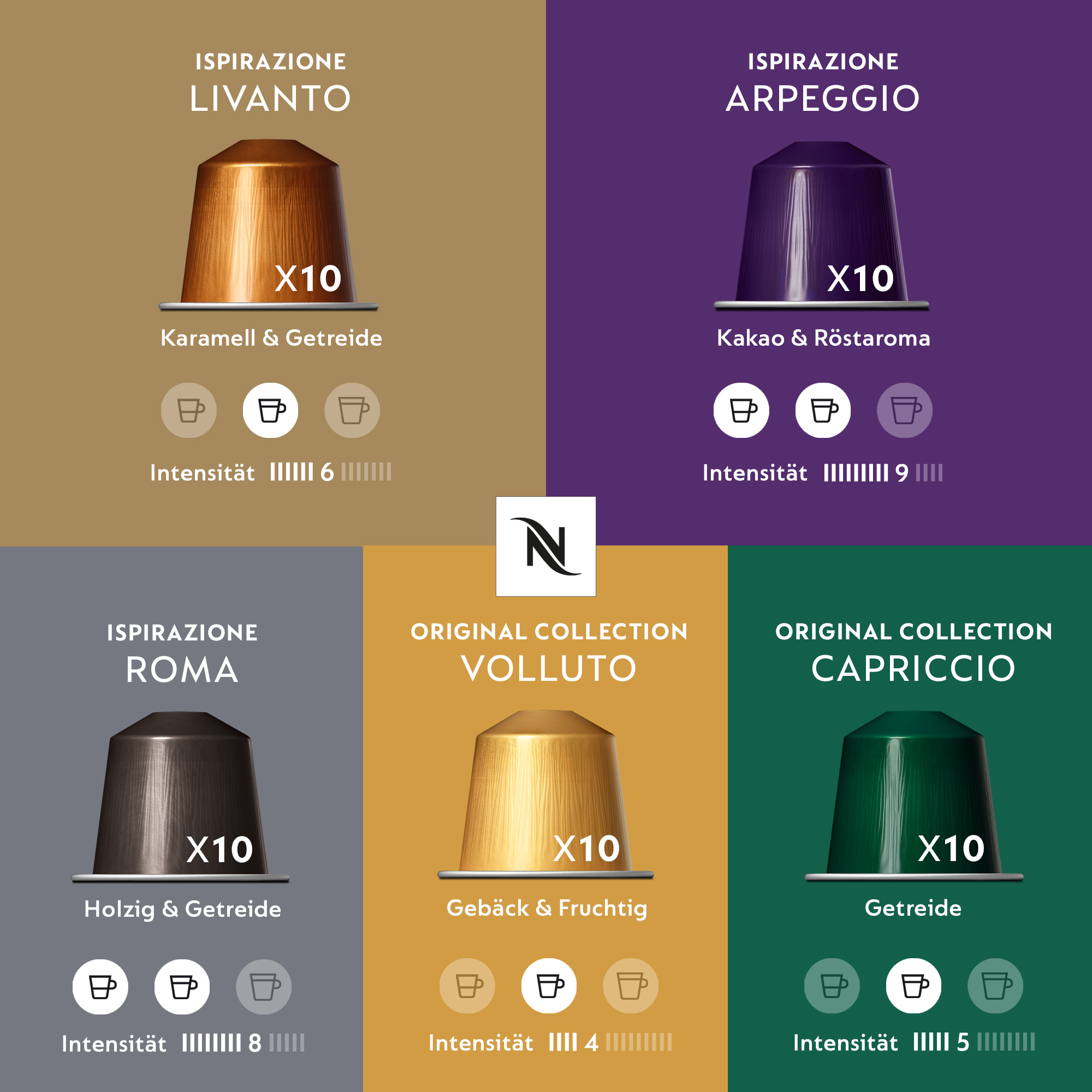 Nespresso ORIGINAL, Auswahl an Espresso Kaffee, helle bis dunklere Röstungen, 50 Kaffeekapseln - 10x Volluto, 10x Capriccio, 10x Livanto, 10x Roma, 10x Arpeggio