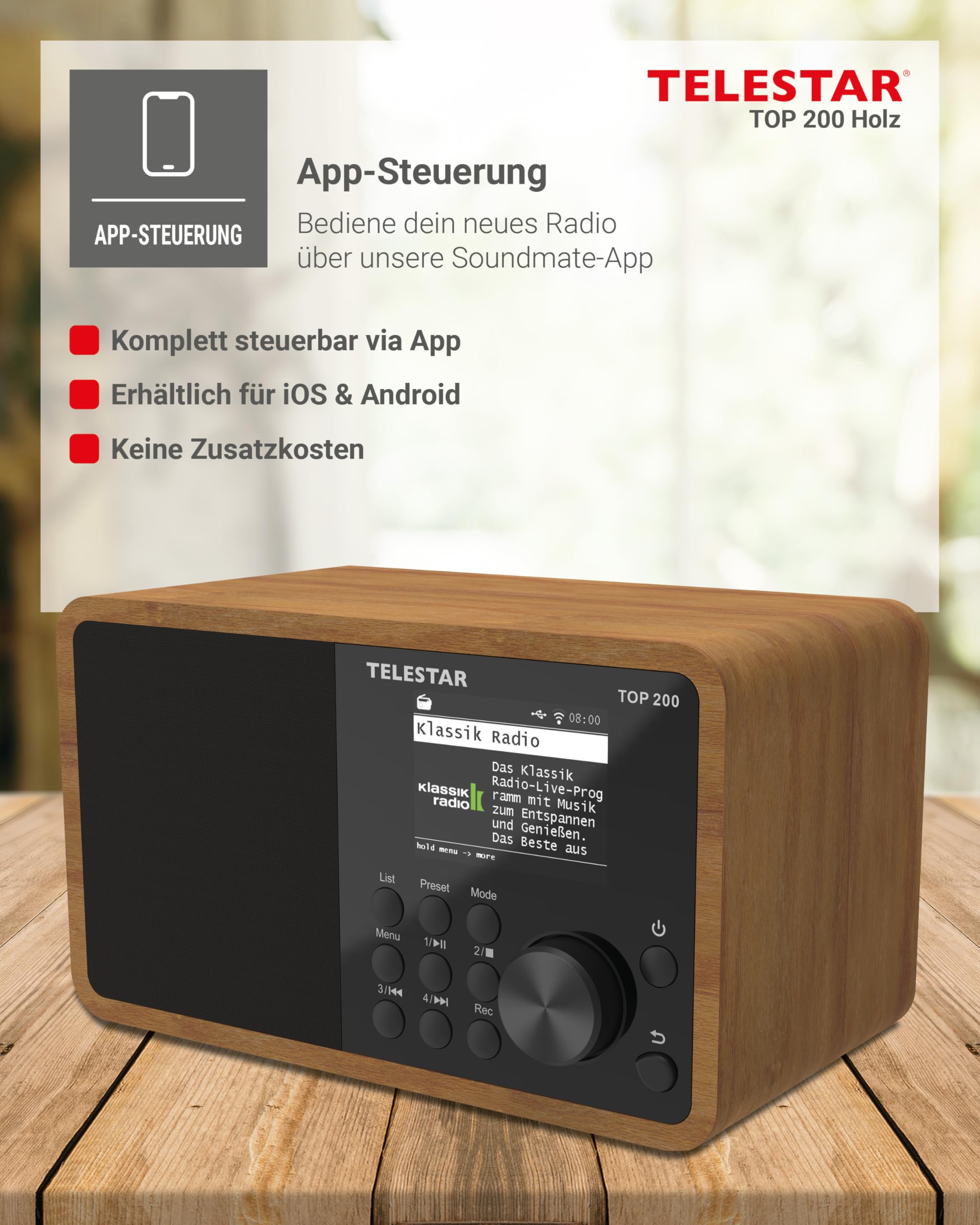 TELESTAR TOP 200 DAB+ Internetradio Bluetooth USB App Schwarz Holz