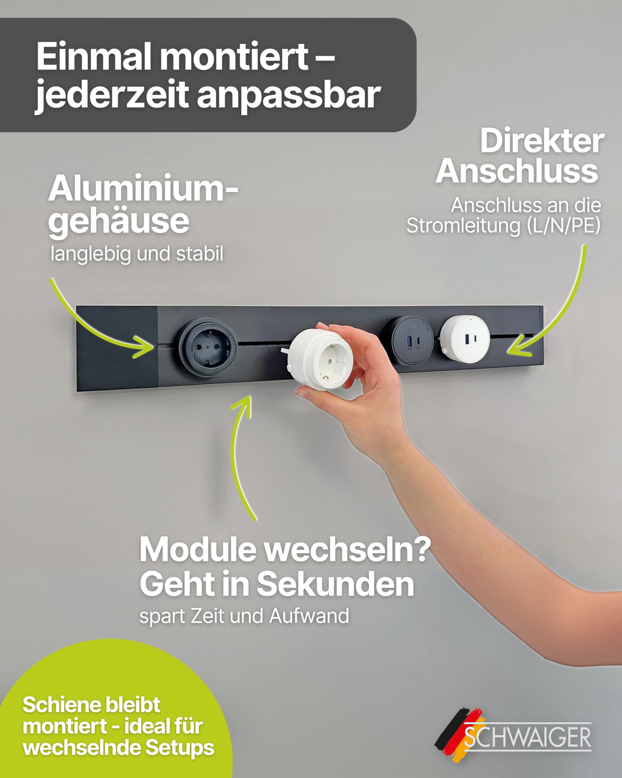 SCHWAIGER Steckdosenadapter für modulare Stromschiene Haushaltsstecker