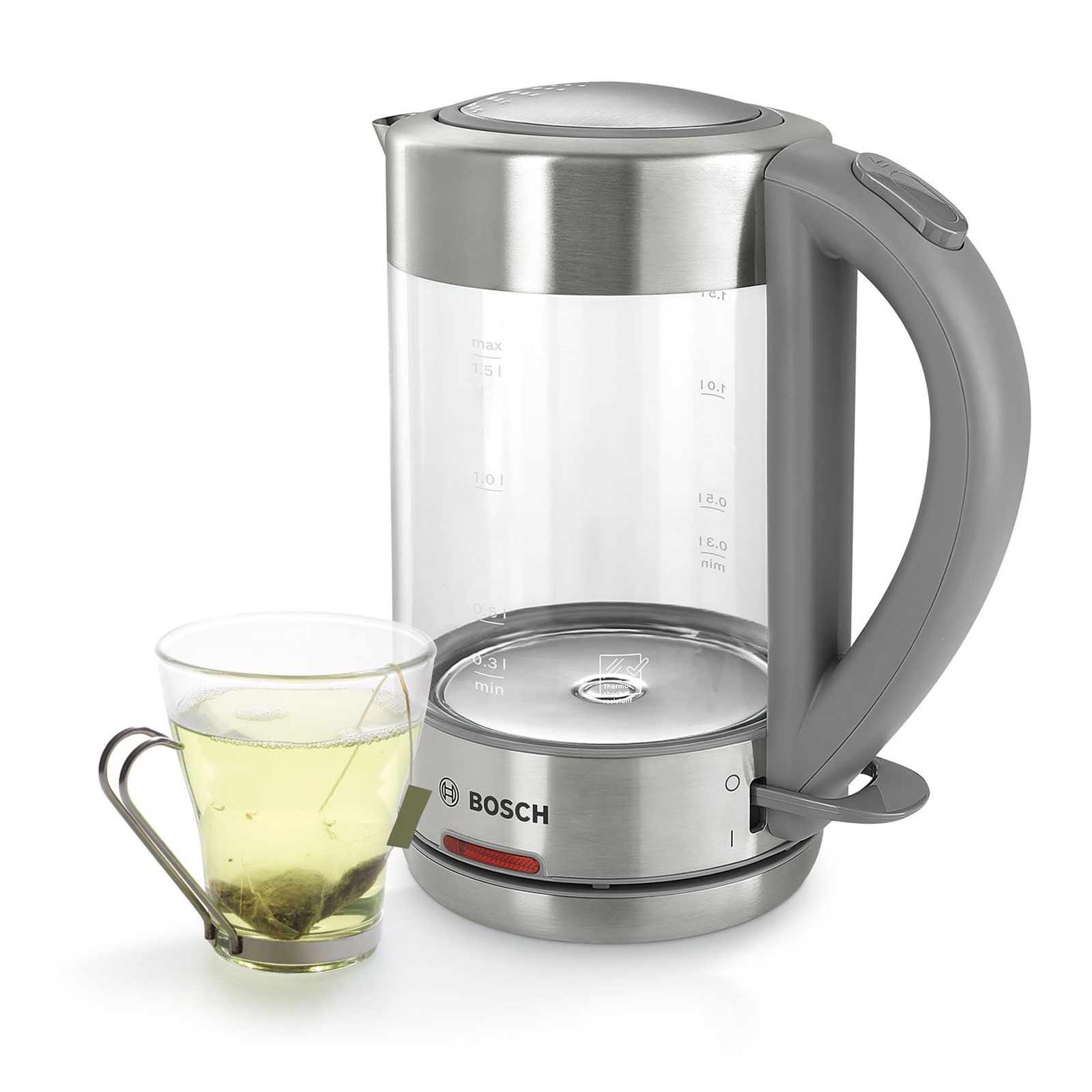 Bosch TWK7090 Wasserkocher kabellos Glas Edelstahl/ hellgrau