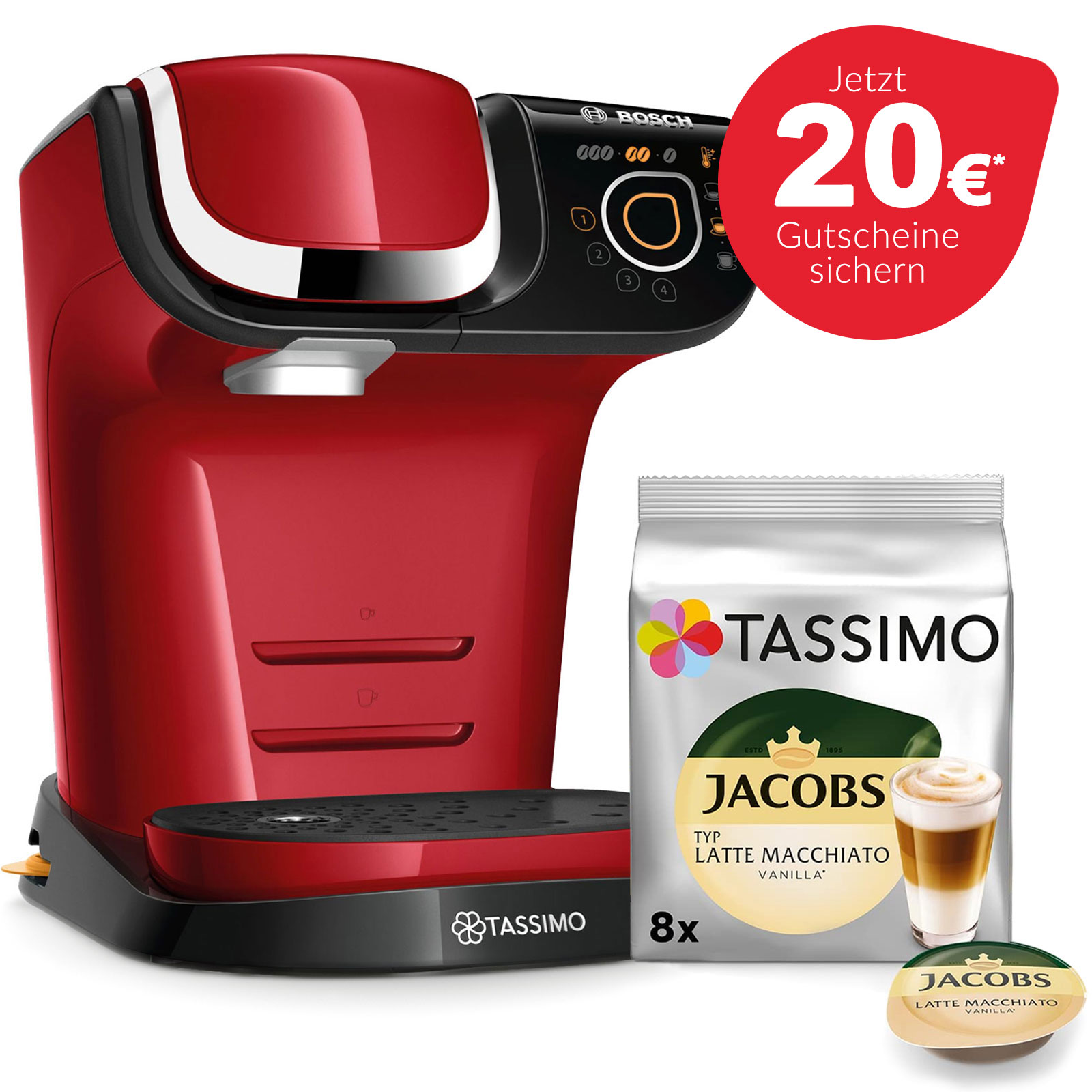 Bosch TAS6502 Tassimo Kapselmaschine + Jacobs Kaffeekapseln Latte Macchiato Vanille