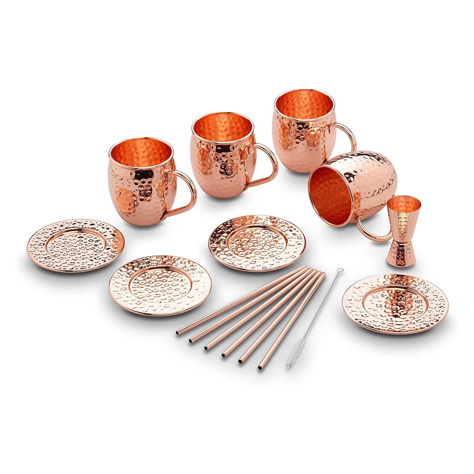 ECHTWERK Aperol Mule Kupferbecher 13er Set gefertigt aus Edelstahl im Hammerschlag-Look bestehend aus 4x Kupferbecher 500ml, 4x Untersetzer, 4x Strohhalm und 1x Messbecher 2cl/4cl