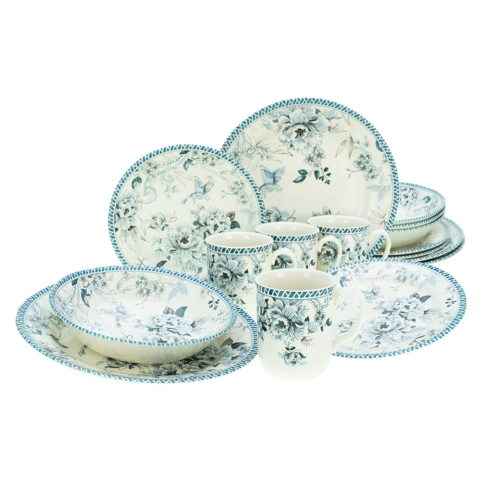 CreaTable, 22909, Serie Vintage Garden Blau, Geschirrset, Kombiservice 16 teilig