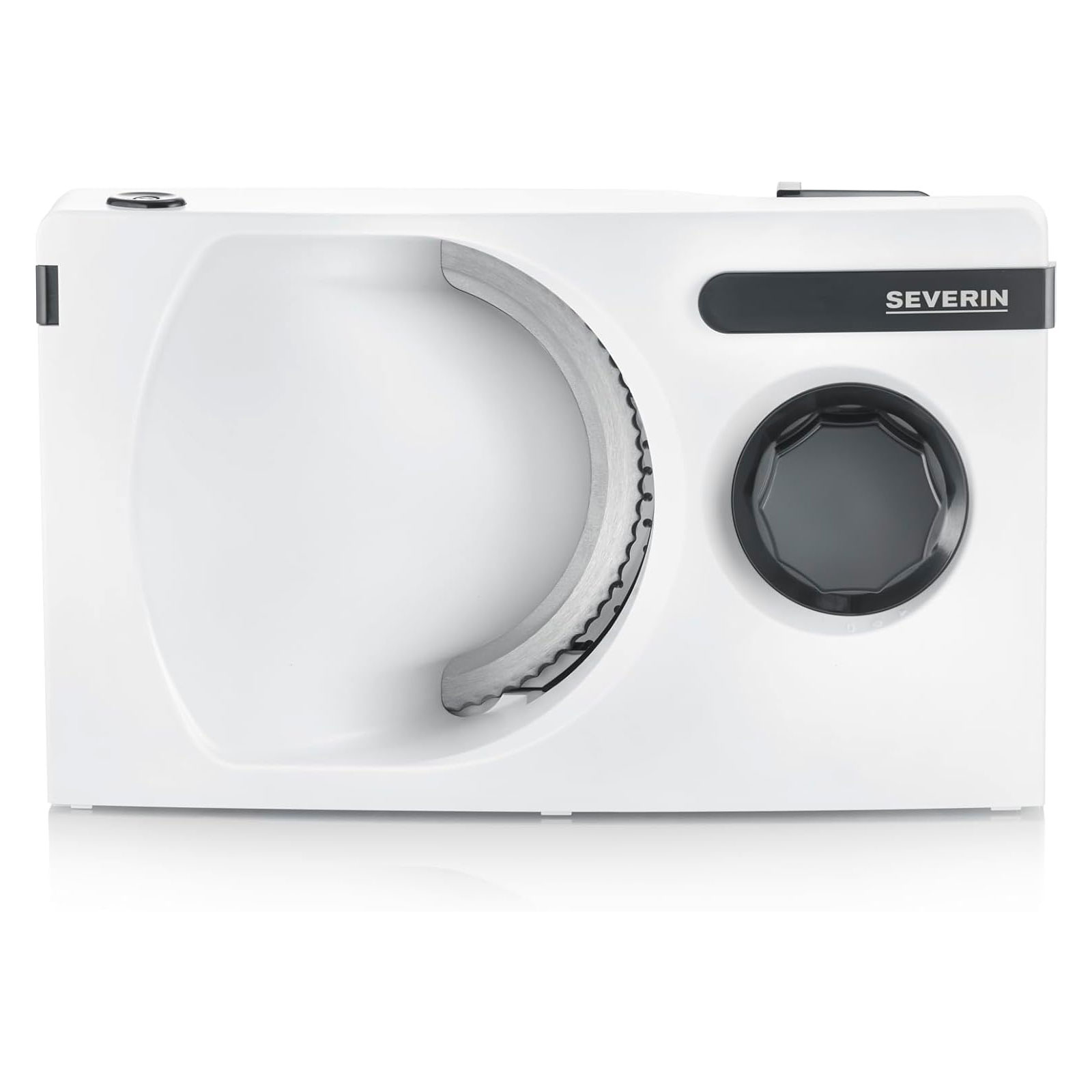 SEVERIN Allesschneider AS 3912 (100 W, Rundmesser von RSG Solingen aus Edelstahl, herausnehmbar, Schnittstärke von 0 bis 15 mm, zusammenklappbare Grundplatte, Kabelaufwicklung, Weiß/Schwarz)