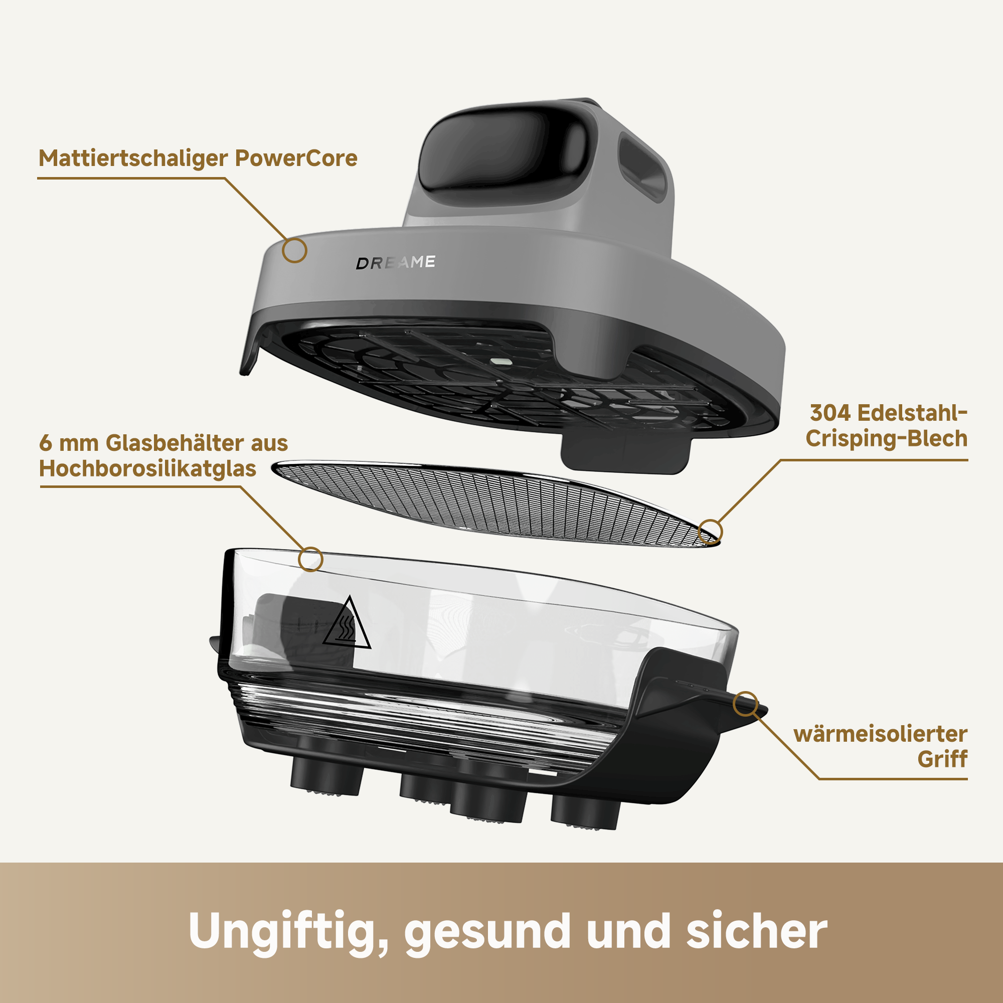 dreame Tasti Heißluftfritteuse 2,5 L und 4,5 L Glasbehälter, 1500 W Leistung