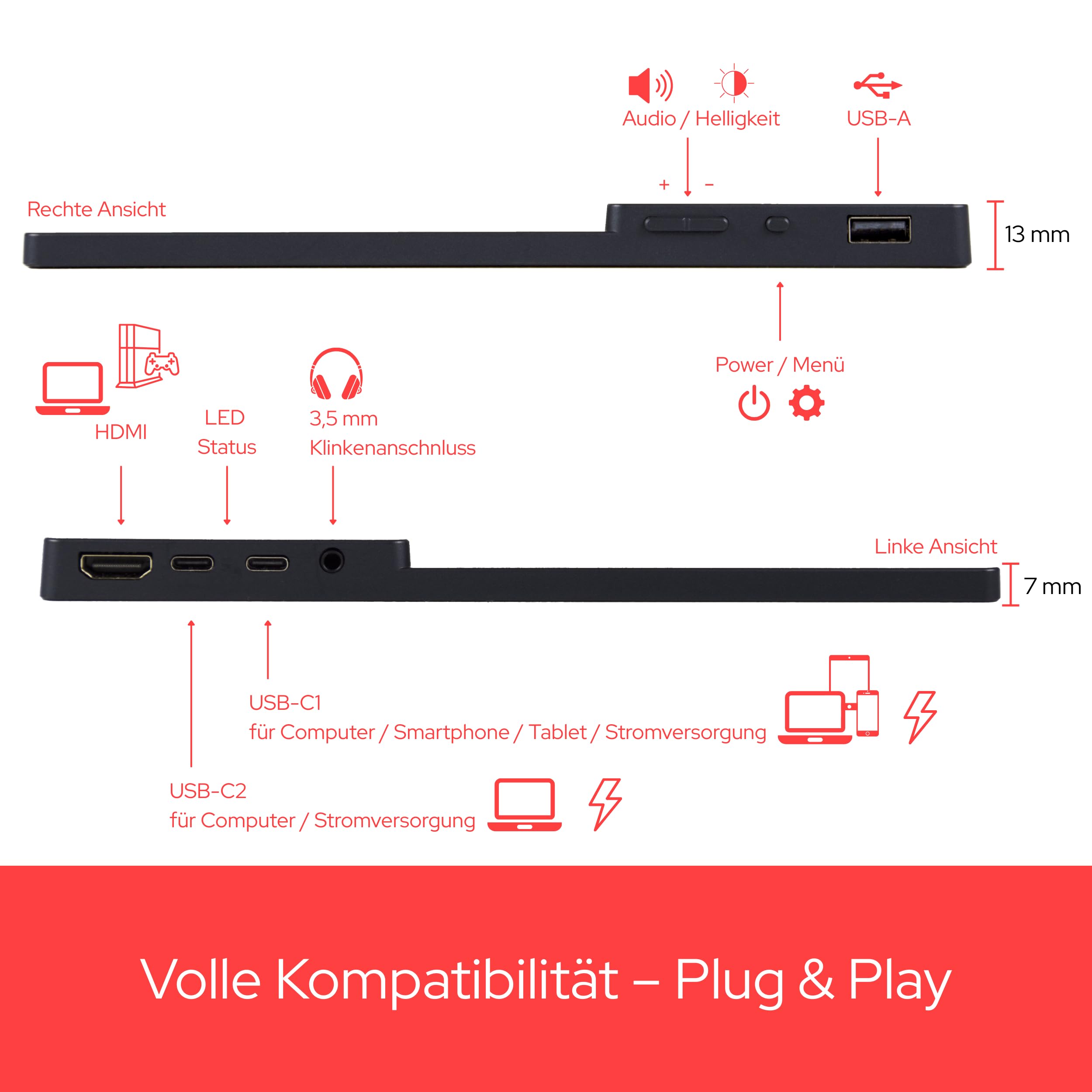 Verbatim PMT-14, Portable Touchscreen Monitor 14" aus Kunststoff mit Powerbank