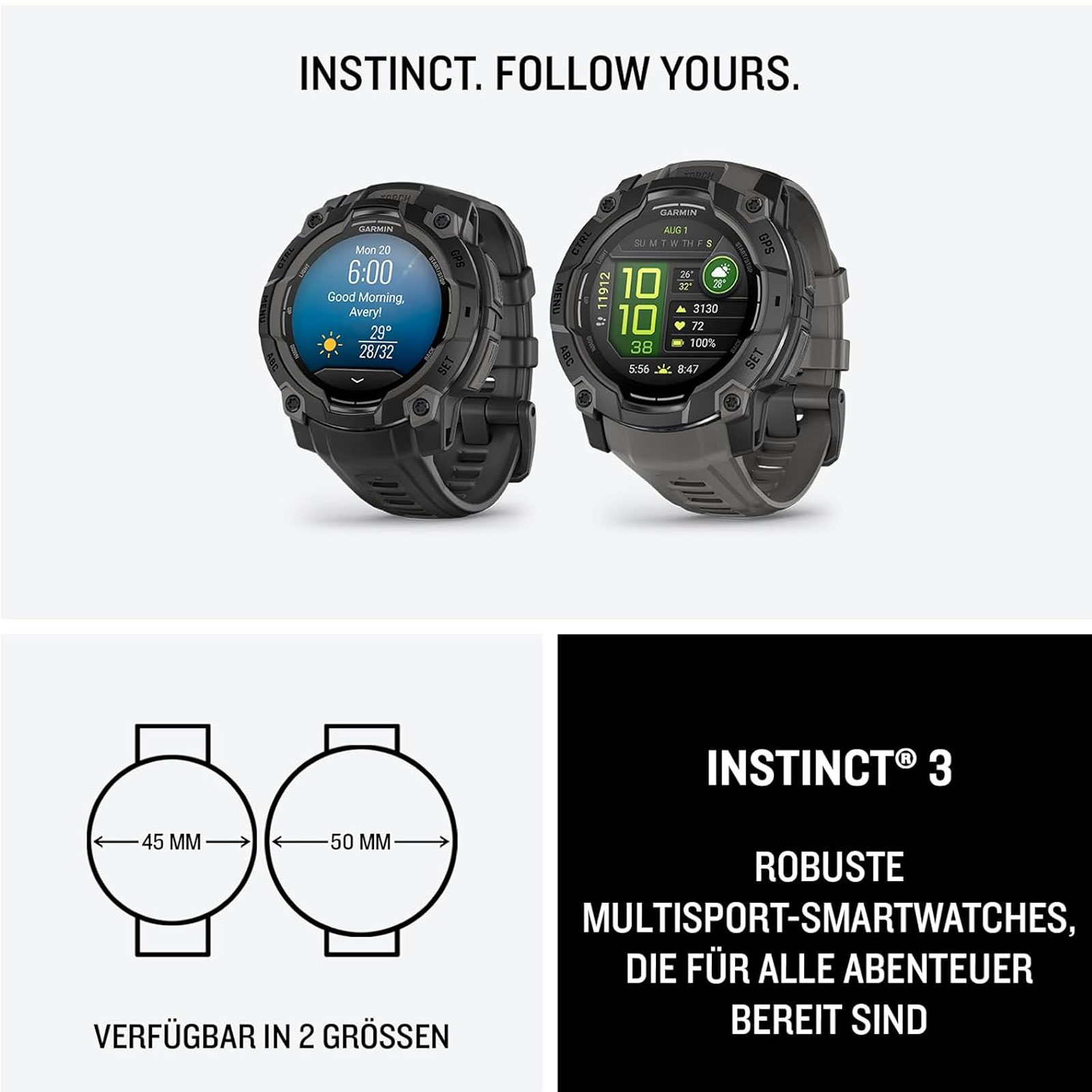 Garmin Instinct 3 - 45 mm, AMOLED mit Silikon-Wechselarmband 22 mm Smartwatch