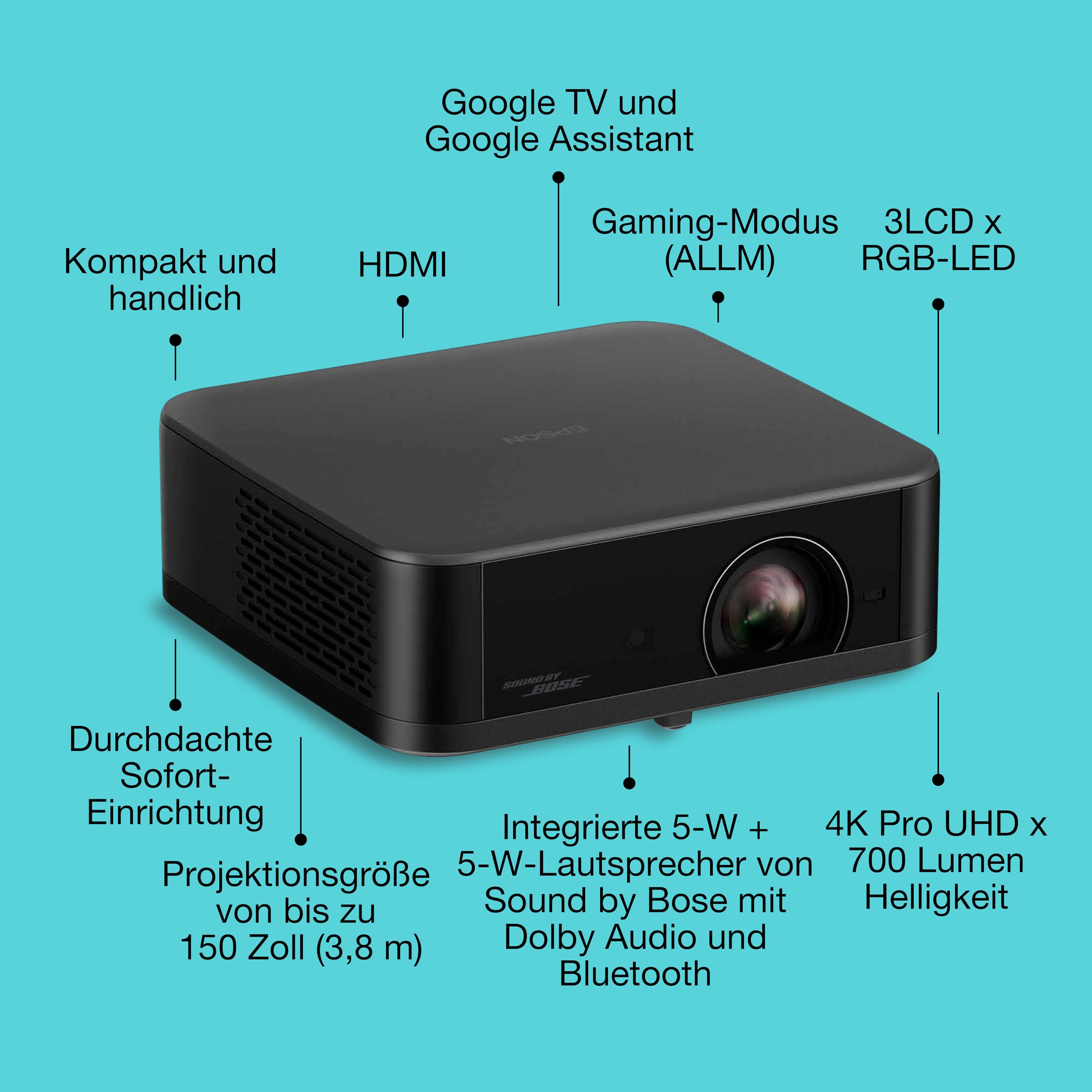 Epson Lifestudio Pop EF-62B Metallic-Schwarz tragbarer Smart-Projektor