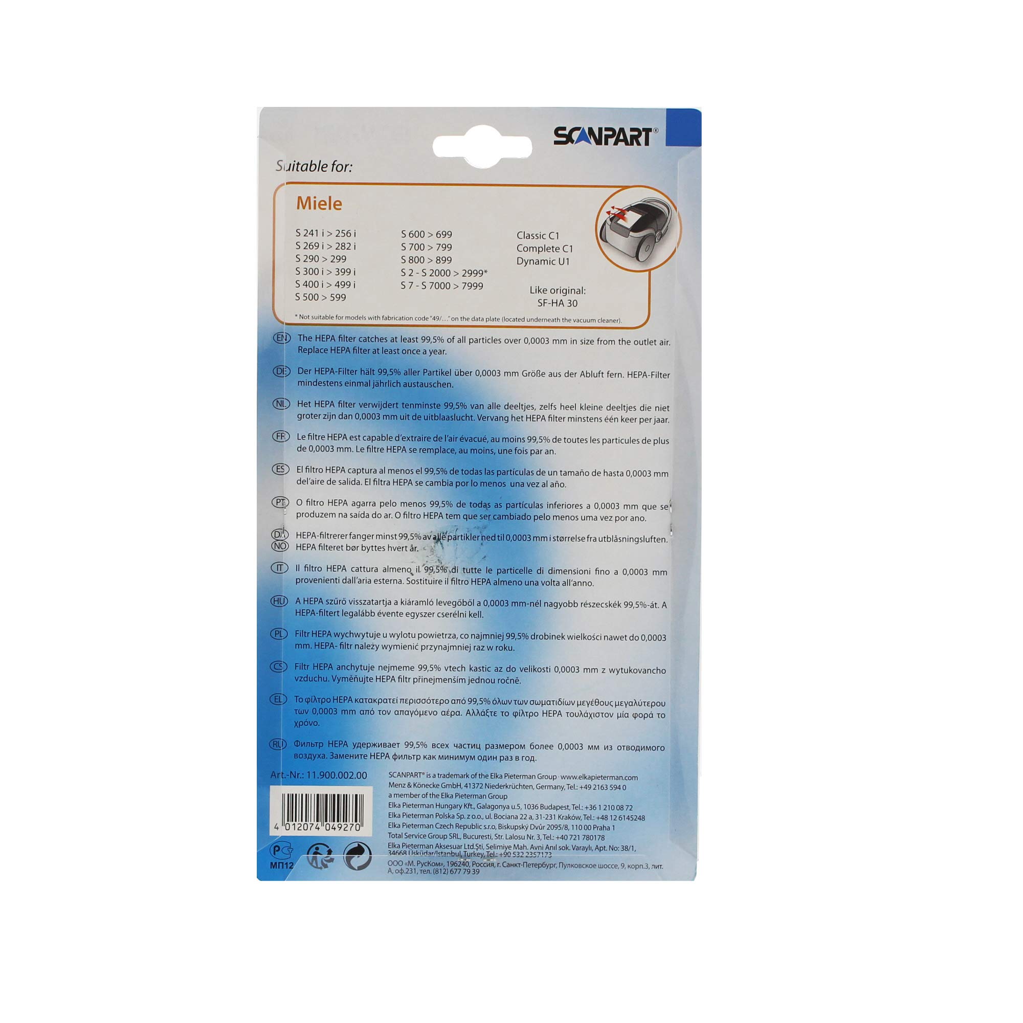Scanpart Hepa Filter wie Original Miele SF-HA30