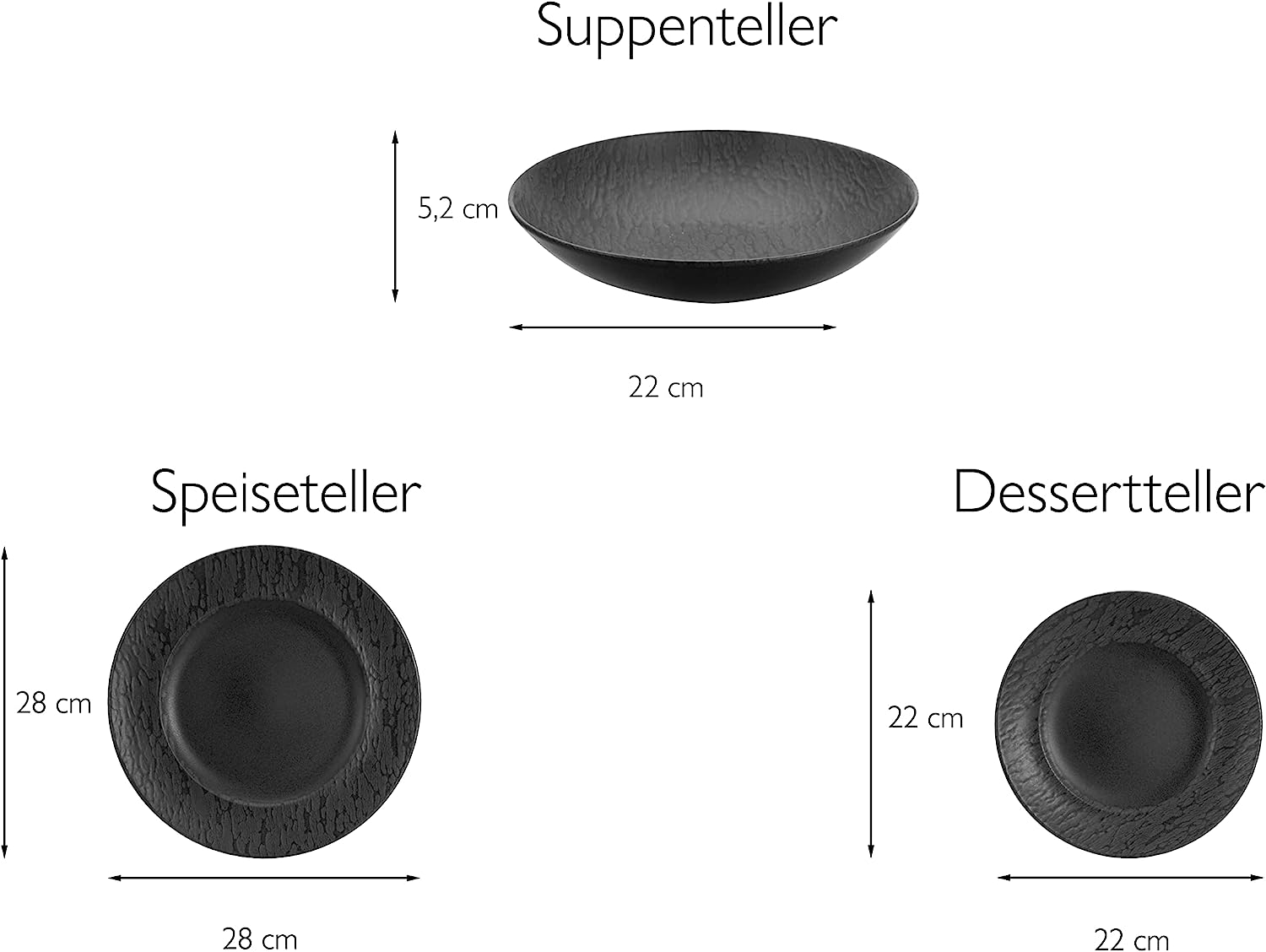 CreaTable, 33320, Serie Rondo SCHIEFER black, Geschirrset, Teller Set 12 teilig