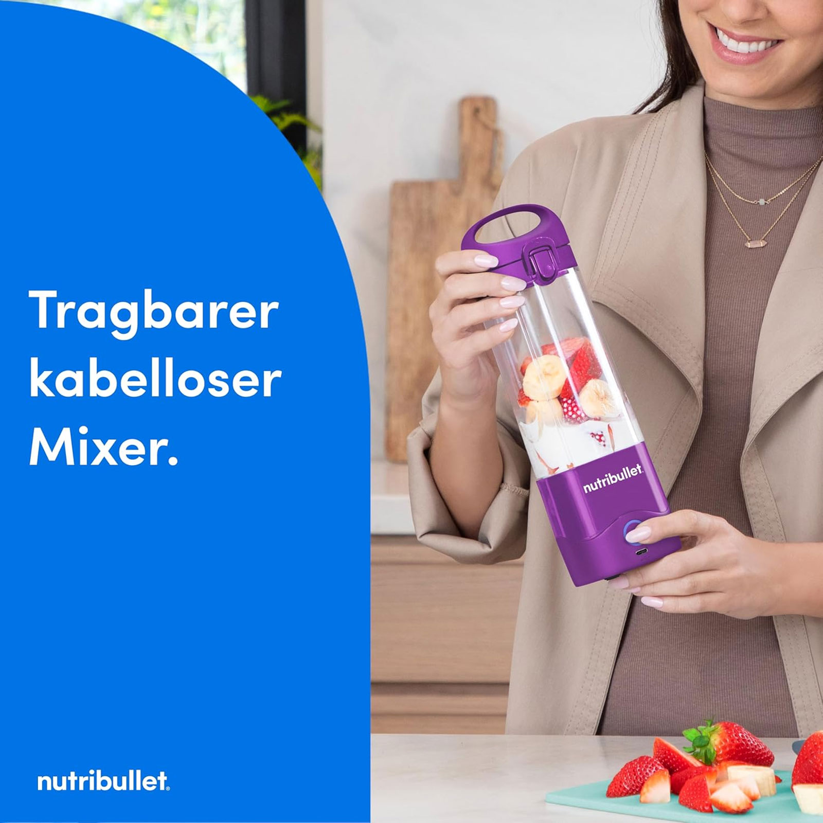 nutribullet NBP003PU Portable Samtlila Standmixer (Akkubetrieb, 0,475 Liter Tritan™ Mixbecher, To Go Deckelaufsatz, 6-Punkt-Edelstahlklinge, Smoothiefunktion, Pulsfunktion, Kunststoff/Edelstahl, Samtlila)