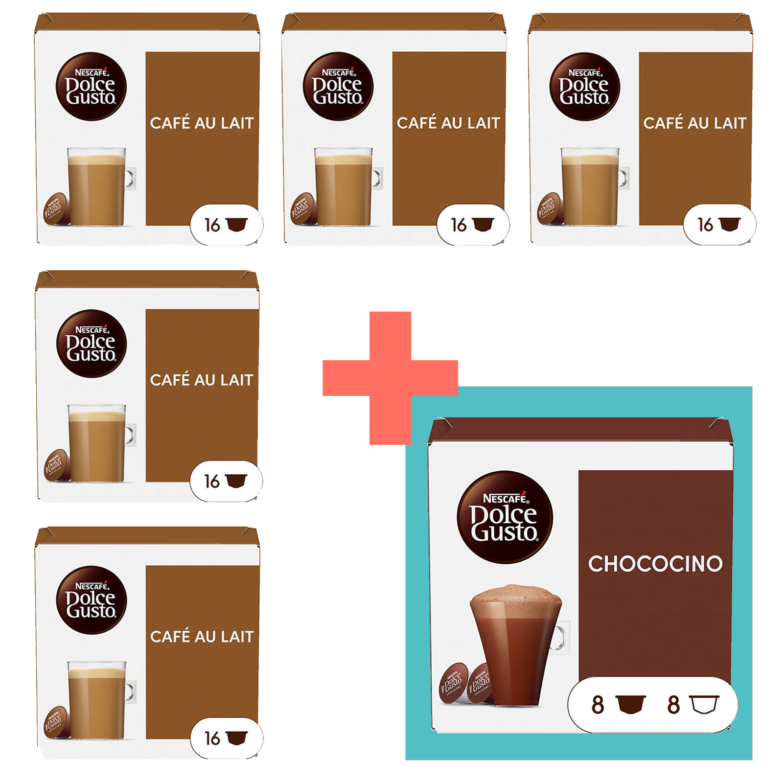 NESCAFÉ DOLCE GUSTO Topseller 6er Pack, Café au Lait (5x16 Kapseln) + Chococino (1x16 Kapseln)

