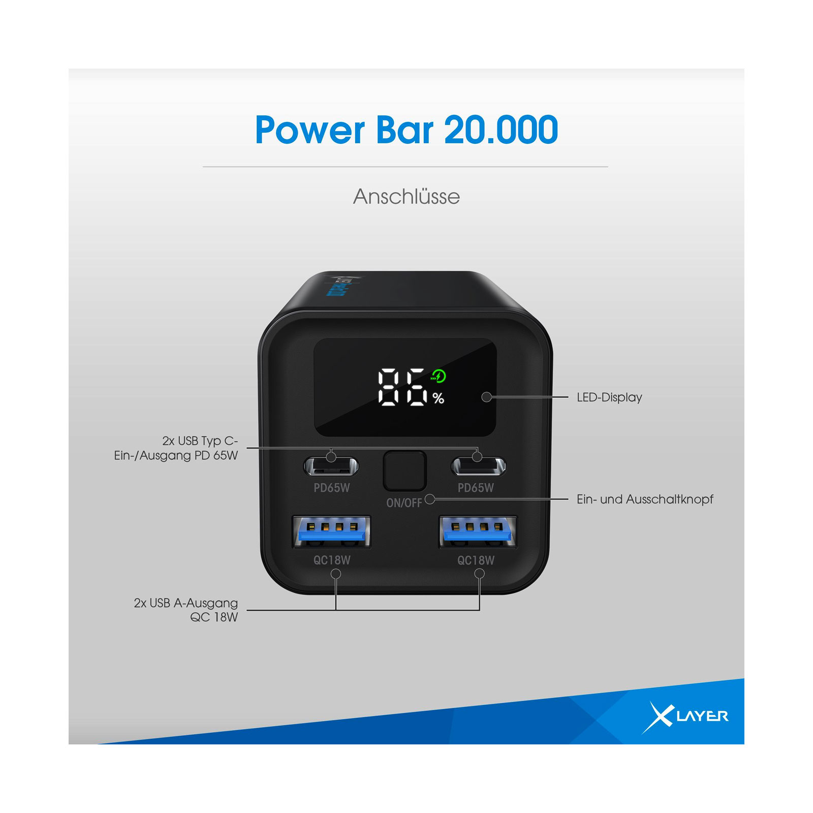 XLayer Power Bar 20.000-mAh 65 Watt PD Black Powerbank