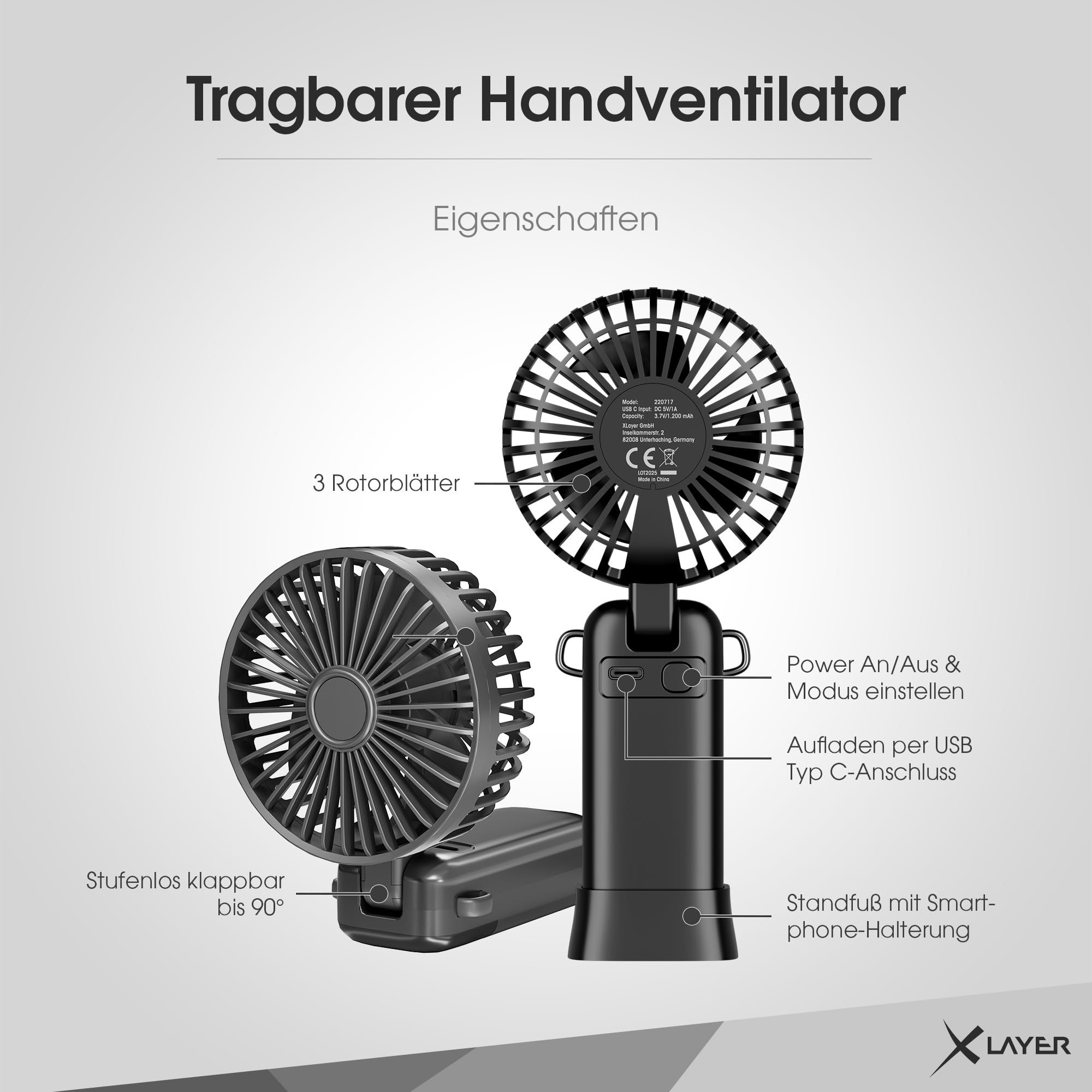 Xlayer Ventilator klappbarer Handventilator mit Smartphone Halterung