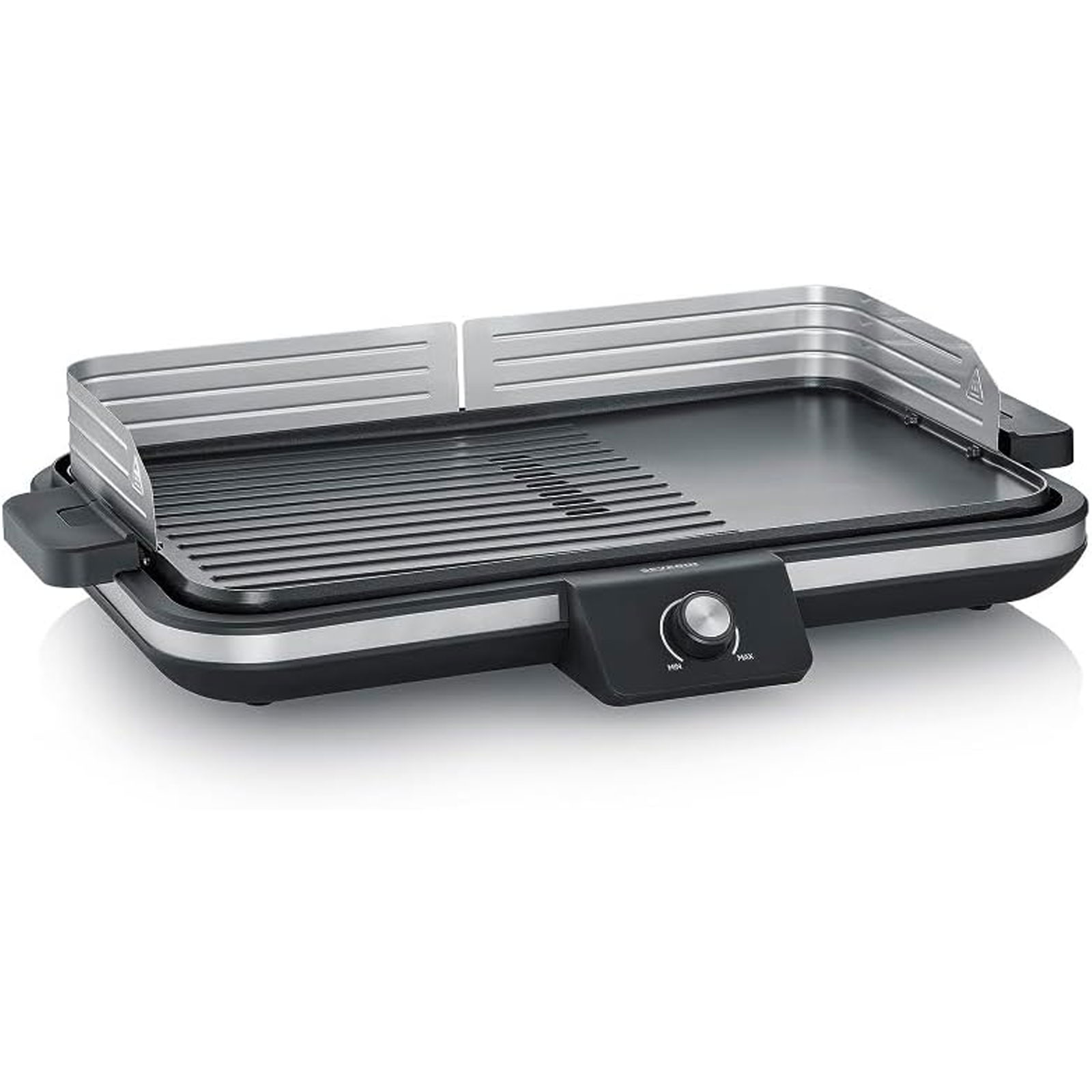 SEVERIN PG 8564 Plancha Tischgrill (2300 Watt, Kunststoff / Edelstahl / Aluminium, stufenlose Regulierung, Grillfläche: 1500cm², antihaftbeschichtet, Windschutz)