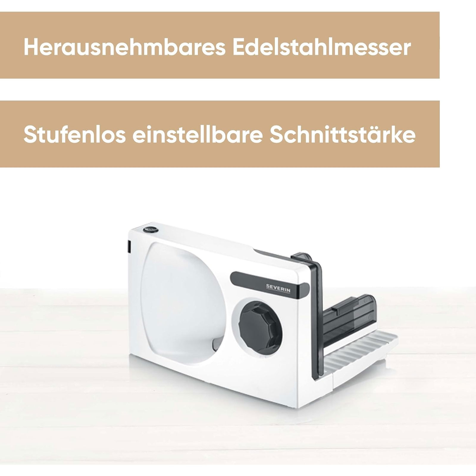 SEVERIN Allesschneider AS 3912 (100 W, Rundmesser von RSG Solingen aus Edelstahl, herausnehmbar, Schnittstärke von 0 bis 15 mm, zusammenklappbare Grundplatte, Kabelaufwicklung, Weiß/Schwarz)