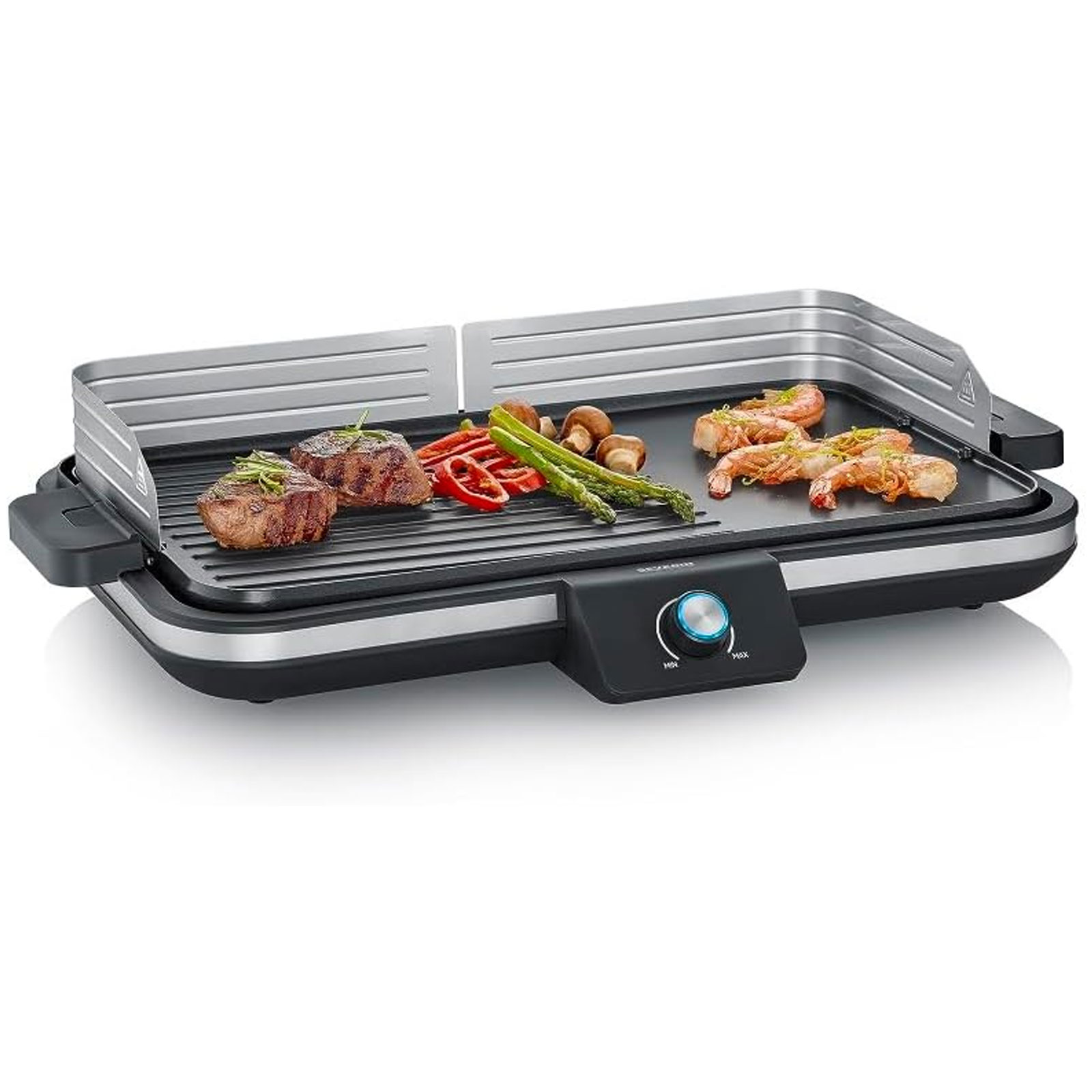 SEVERIN PG 8564 Plancha Tischgrill (2300 Watt, Kunststoff / Edelstahl / Aluminium, stufenlose Regulierung, Grillfläche: 1500cm², antihaftbeschichtet, Windschutz)