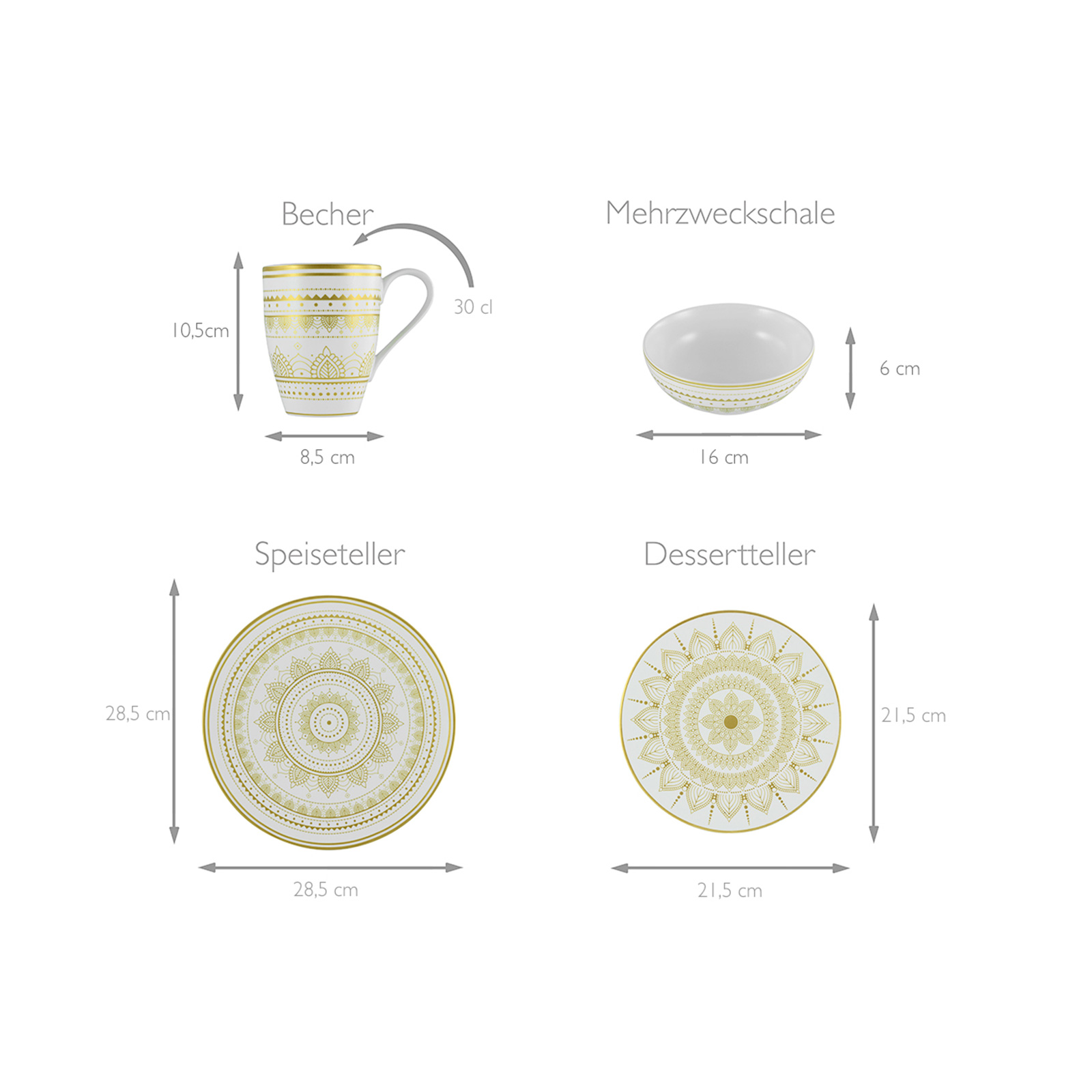 Creatable 23596, Serie MANDALA GOLD - weiss, Geschirrset, Kombiservice 16 teilig