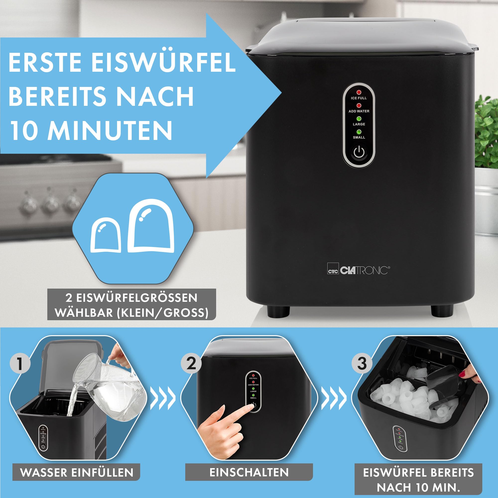 Clatronic® Eiswürfelmaschine schnelle Produktion - Eiswürfel in 10 Minuten