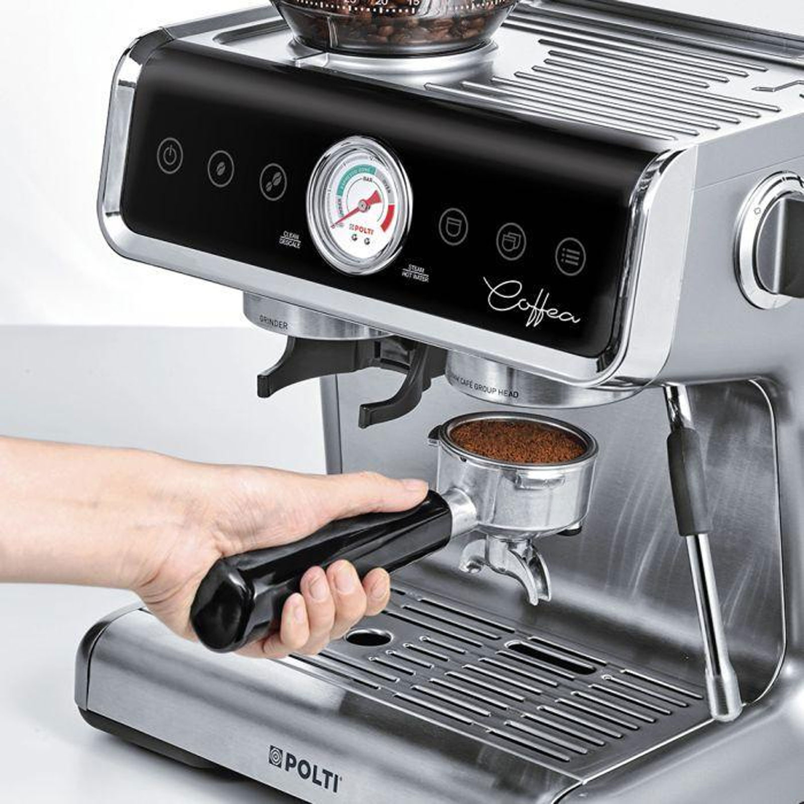 Polti Coffea G50S Siebträger-Espressomaschine (15 bar, 1600 Watt, Barista, Touchpanel, Edelstahl-Tamper, 30 Mahlgrade, 2,8 Liter Wassertank, Doppel-Ausgabe)