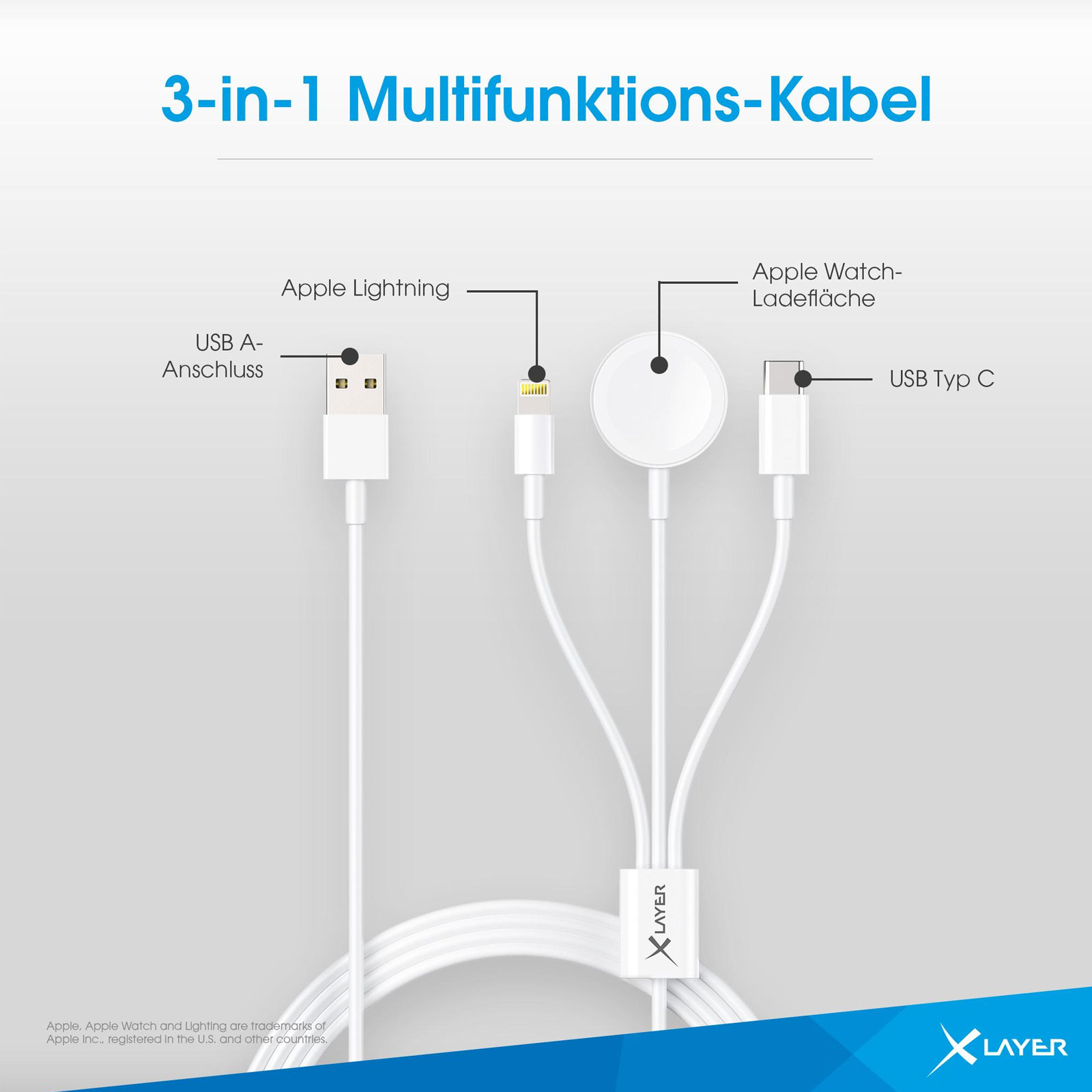 XLayer Octopus 3-IN-1 Multi-USB Ladekabel Apple, 1,5 m