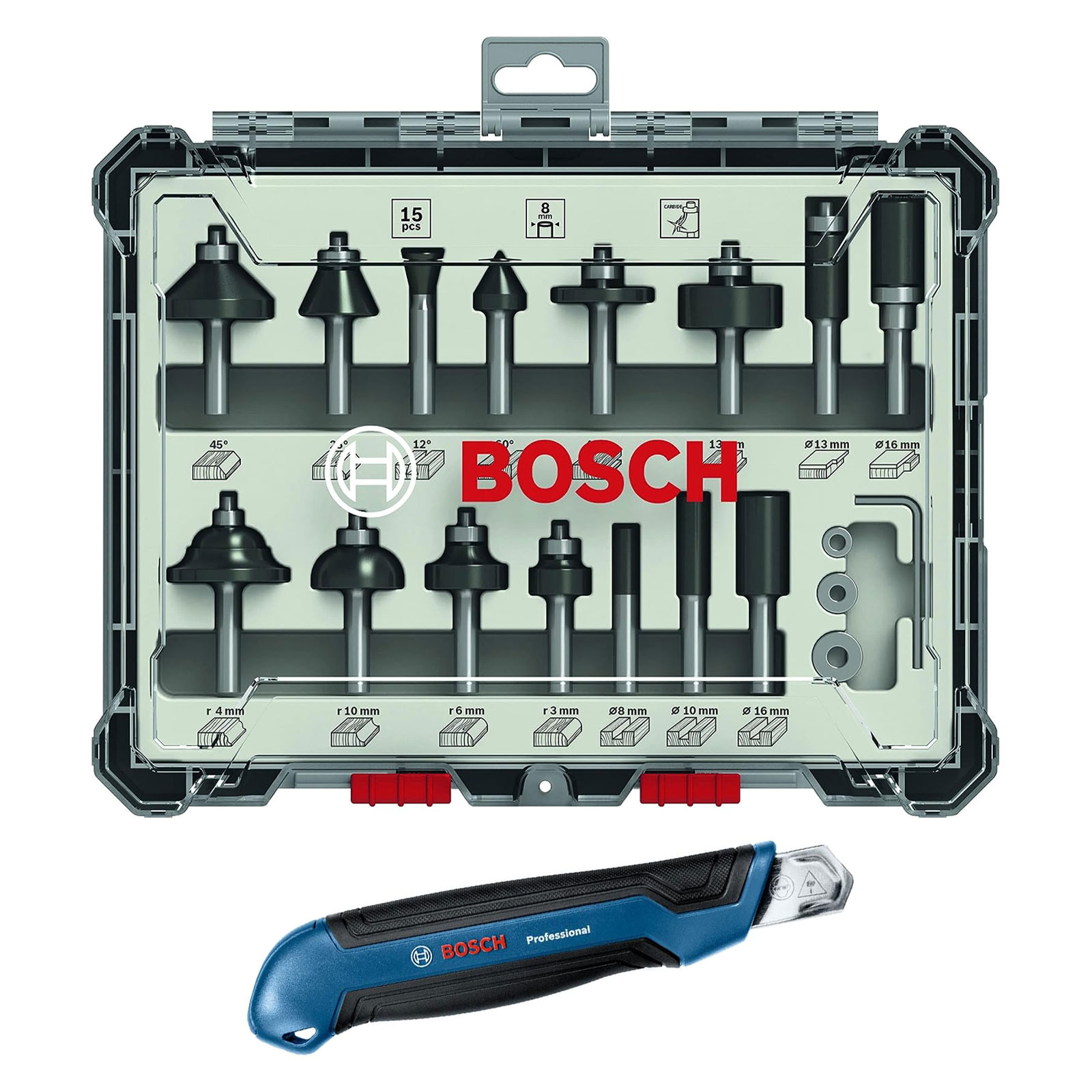 Bosch Professional 15 teiliges Fräser Set inklusive gratis Cuttermesser