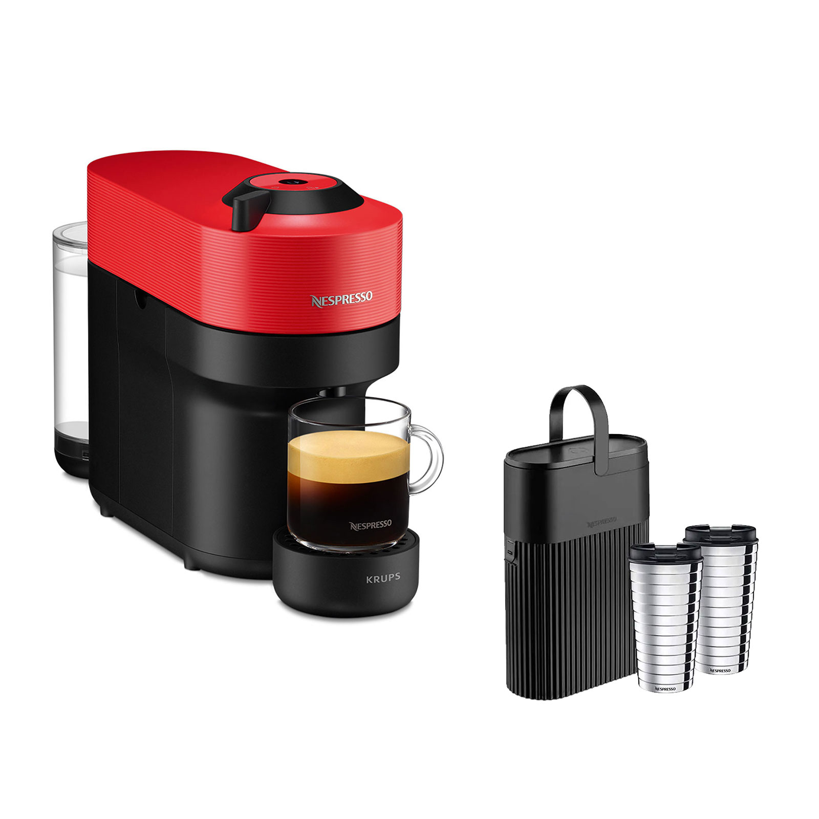 Krups XN9205.22 Vertuo Pop Red inkl. Nestlé Nespresso Geschenk-Set Recycling Behälter + Travel Mug